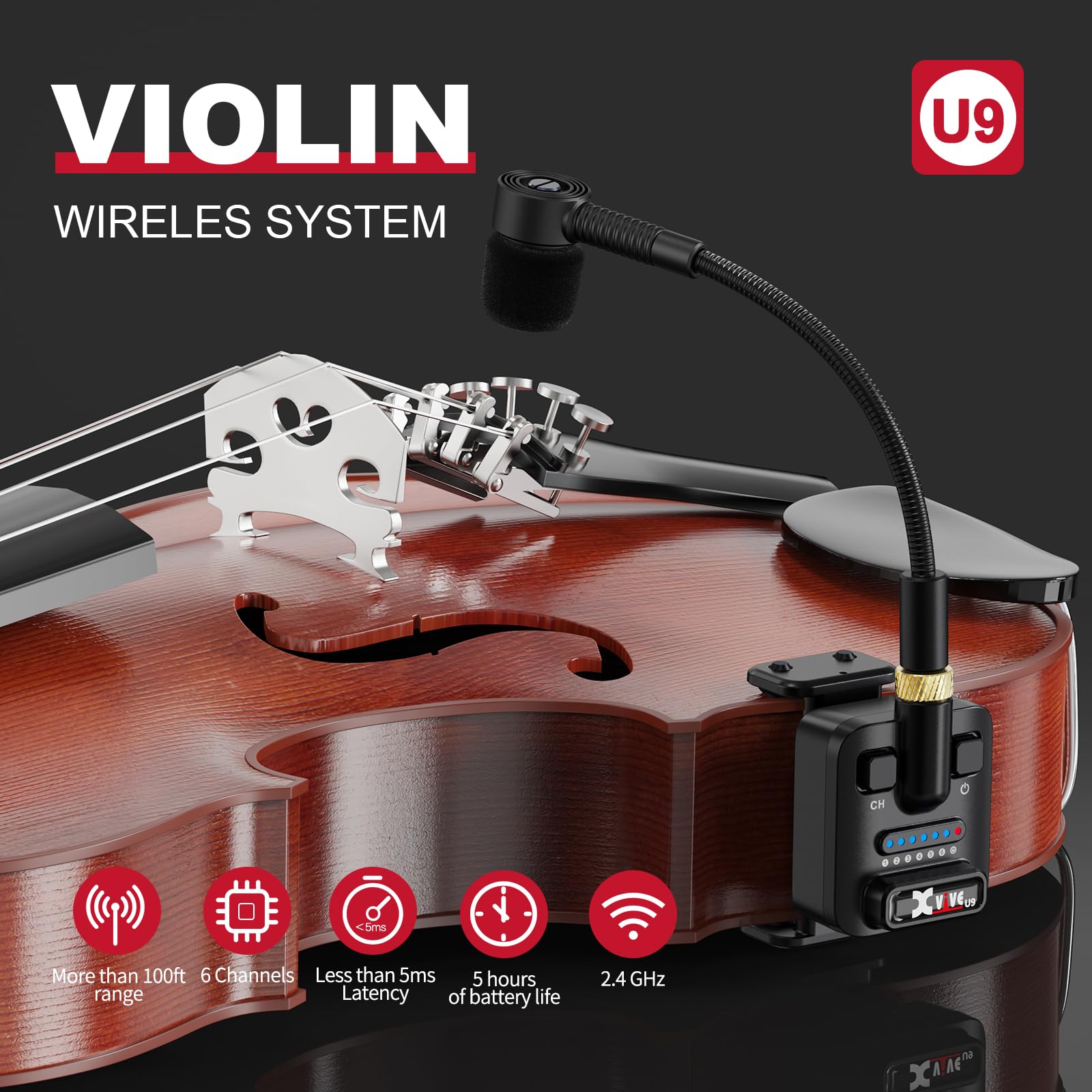 Xvive U9 Système sans fil pour violon avec émetteur et récepteur 2,4 GHz