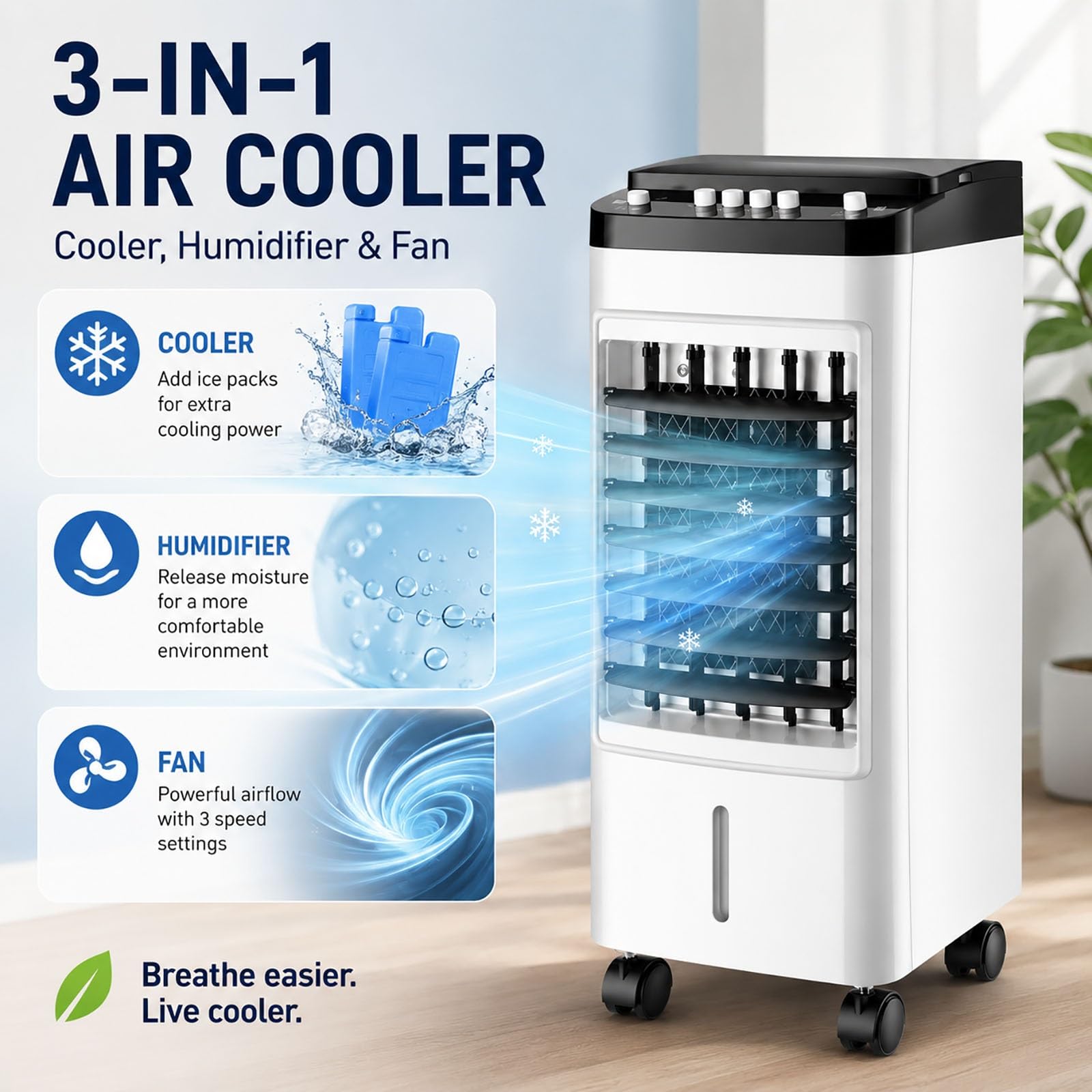 Rinfrescatore d'Aria Evaporativo 3-in-1 per Casa, Umidificatore e Ventilatore Portatile 4 Ghiaccioli, 3 Velocità, Oscillazione 120°, Ultra Silenzioso per Camera da Letto, Soggiorno, Ufficio