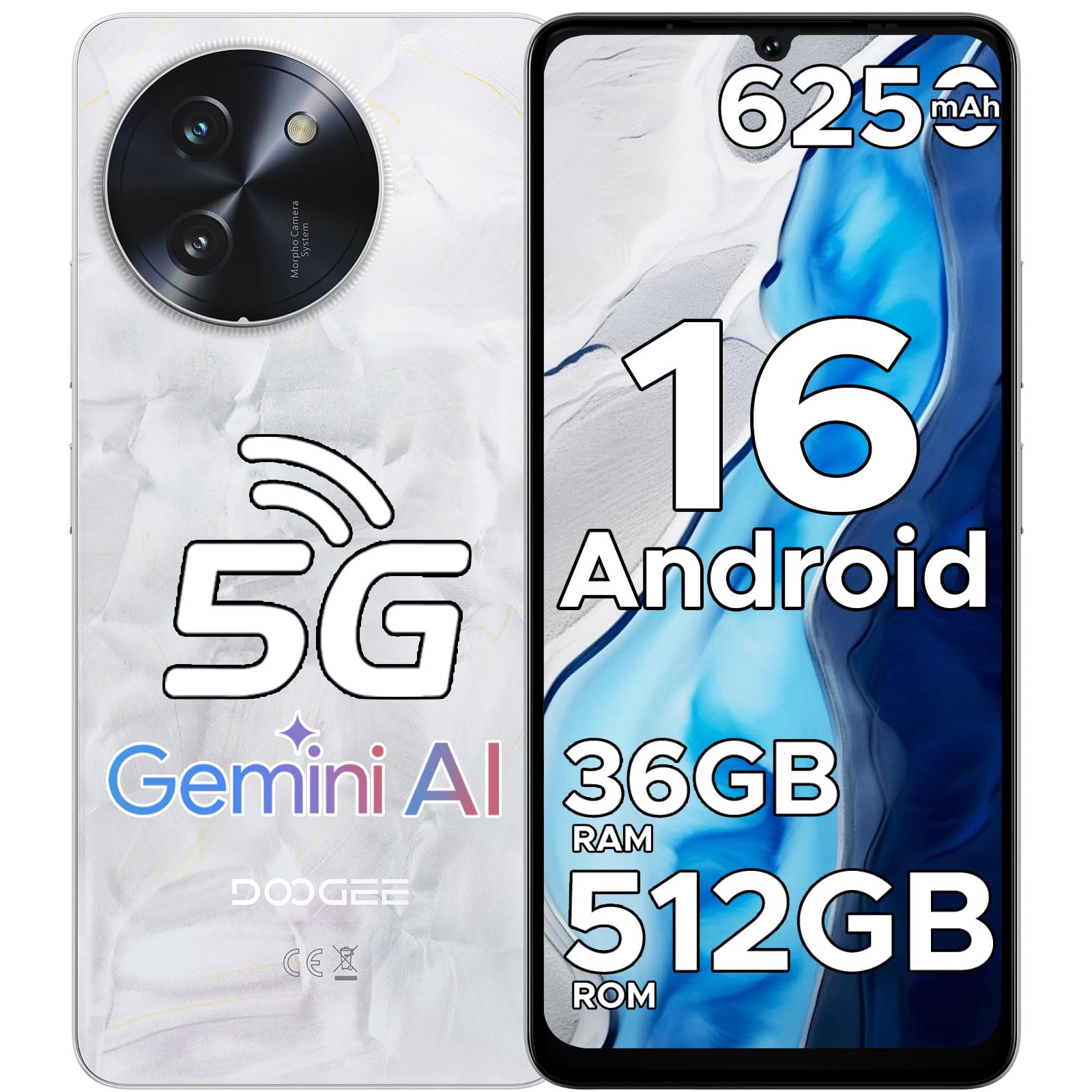 DOOGEE Note 59 Pro+ Smartphone 5G Android 16 Gemini AI, 512GB ROM+36(12+24) GB RAM Telefono Cellulare, 6250mAh 6.75" HD+120Hz Schermo Telefoni 50MP+8MP, Cellulari Face Unlock/Fingerprint/NFC, Bianco