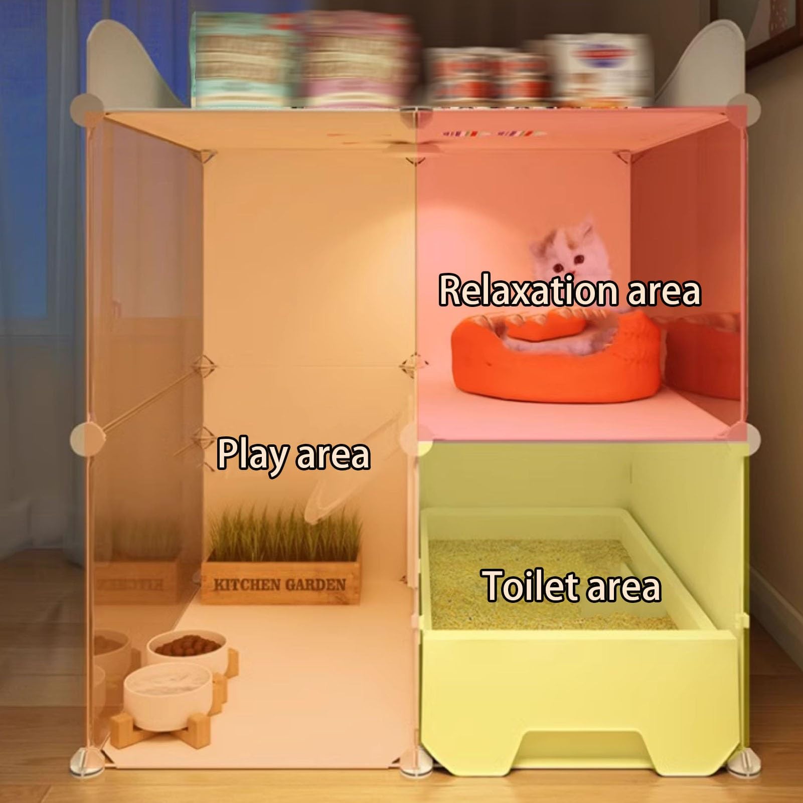 Gabbia per gatti a 2 livelli box per interni con lettiera, ampio spazio con recinzione superiore e stoccaggio, facile da installare