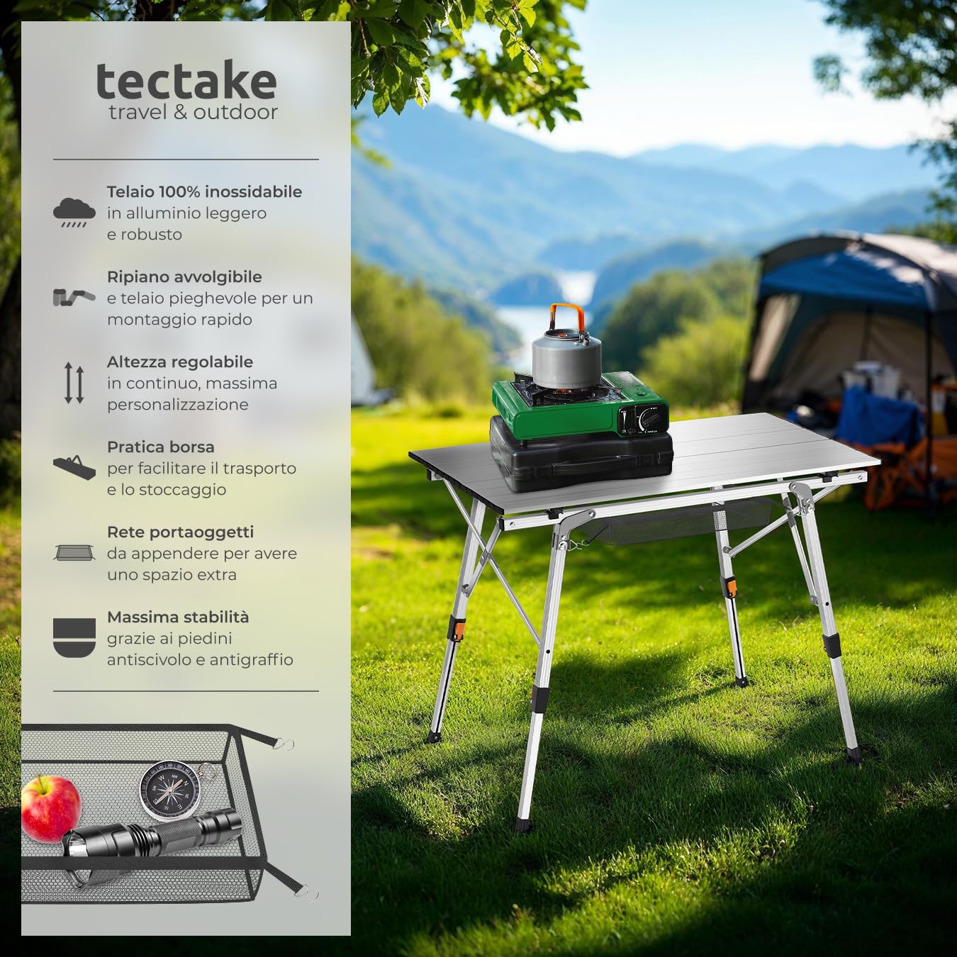 tectake® Tavolo da Campeggio in Alluminio Pieghevole Tina, Regolabile in Altezza, Cappucci in Plastica Antigraffio, Tavolo, Alluminio, Tavolo da Esterno, Campeggio - Argento