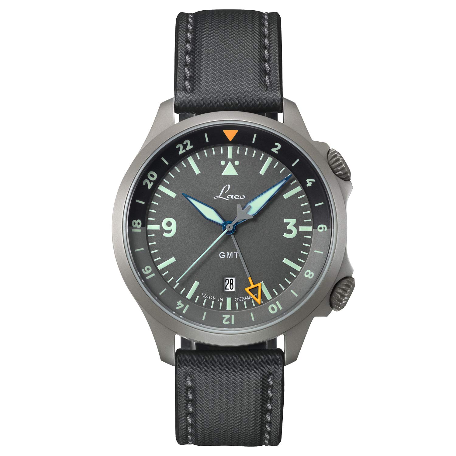 Laco Sondermodell Fliegeruhr Frankfurt GMT Grau Made in Germany – 43 mm Ø hochwertige Automatikuhr – Einzigartige Qualität. Herausragende Verarbeitung – 20 ATM wasserdicht – seit 1925