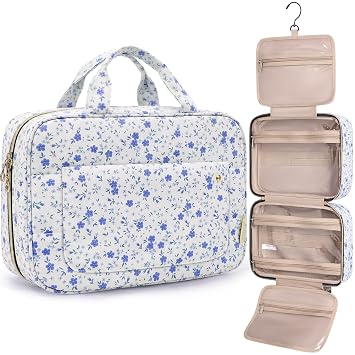 BAGSMART Toiletry Bag Travel Bag with Hanging Hook, Water-resistant Makeup Cosmetic Bag Travel Organizer for Accessories, Shampoo, Full-size Container, Toiletries Blue Ditsy Floral, Medium