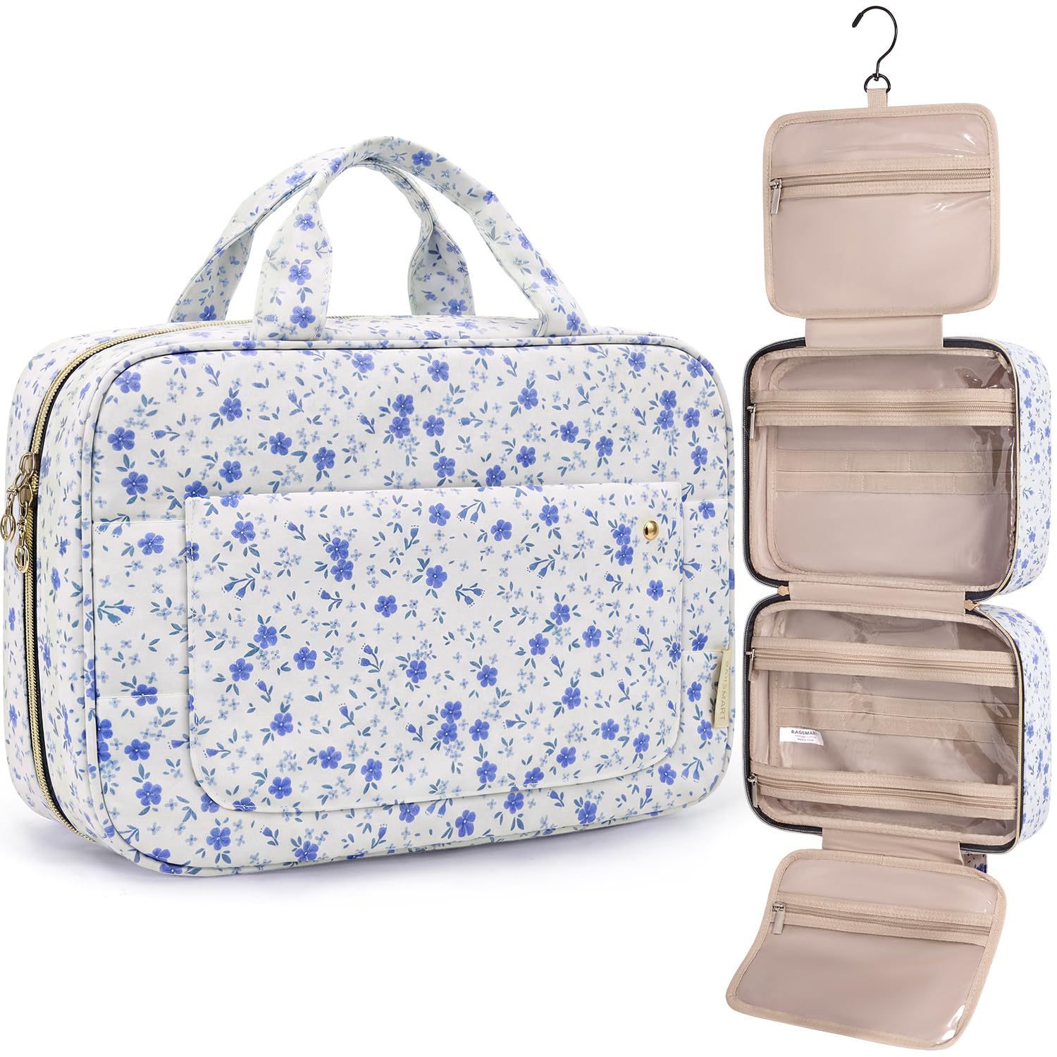 BAGSMART Toiletry Bag Travel Bag with Hanging Hook, Water-resistant Makeup Cosmetic Bag Travel Organizer for Accessories, Shampoo, Full-size Container, Toiletries (Blue Ditsy Floral, Medium : Beauty & Personal Care