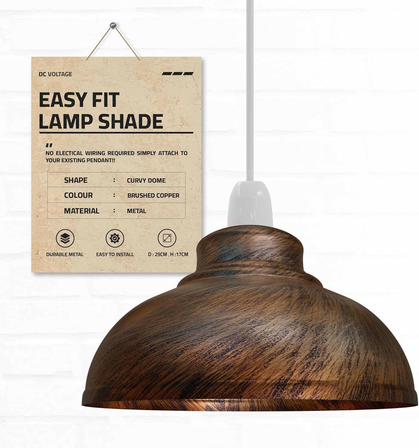 Dc Voltage Brushed Copper Industrial Ceiling Pendant Light Shades - Retro Style Curvy Dome Shaped Lamp Shades Metal Easy Fit Ceiling Pendant Light Shades For Light Fixtures (Brushed Copper)