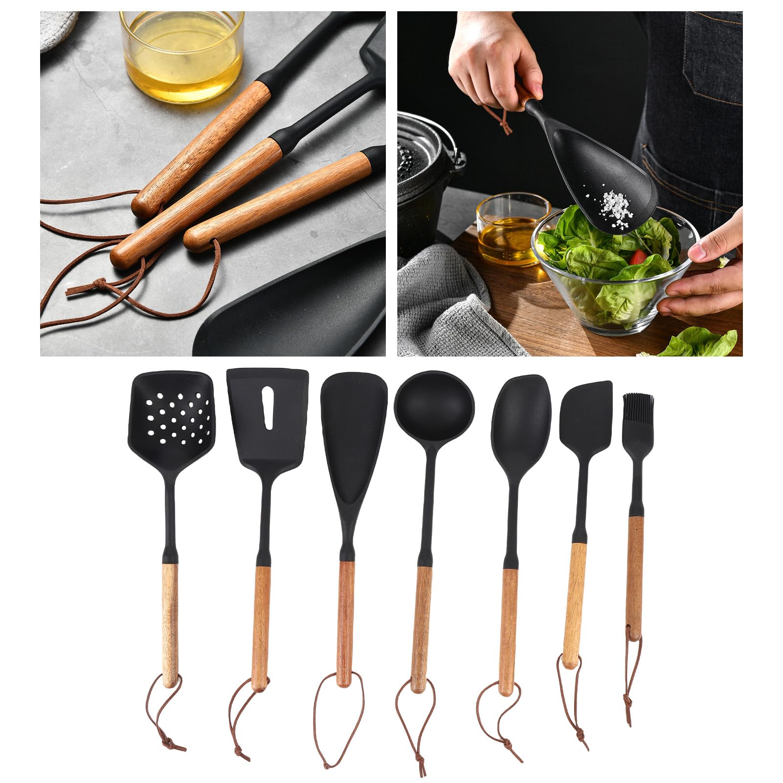 Generic Ensemble D'ustensiles de Cuisine en Silicone de 7 Pièces avec Poignées en Bois, Spatule Antiadhésive Résistante à la Chaleur, Cuillère Tournante pour Frire, Servir, Retourner