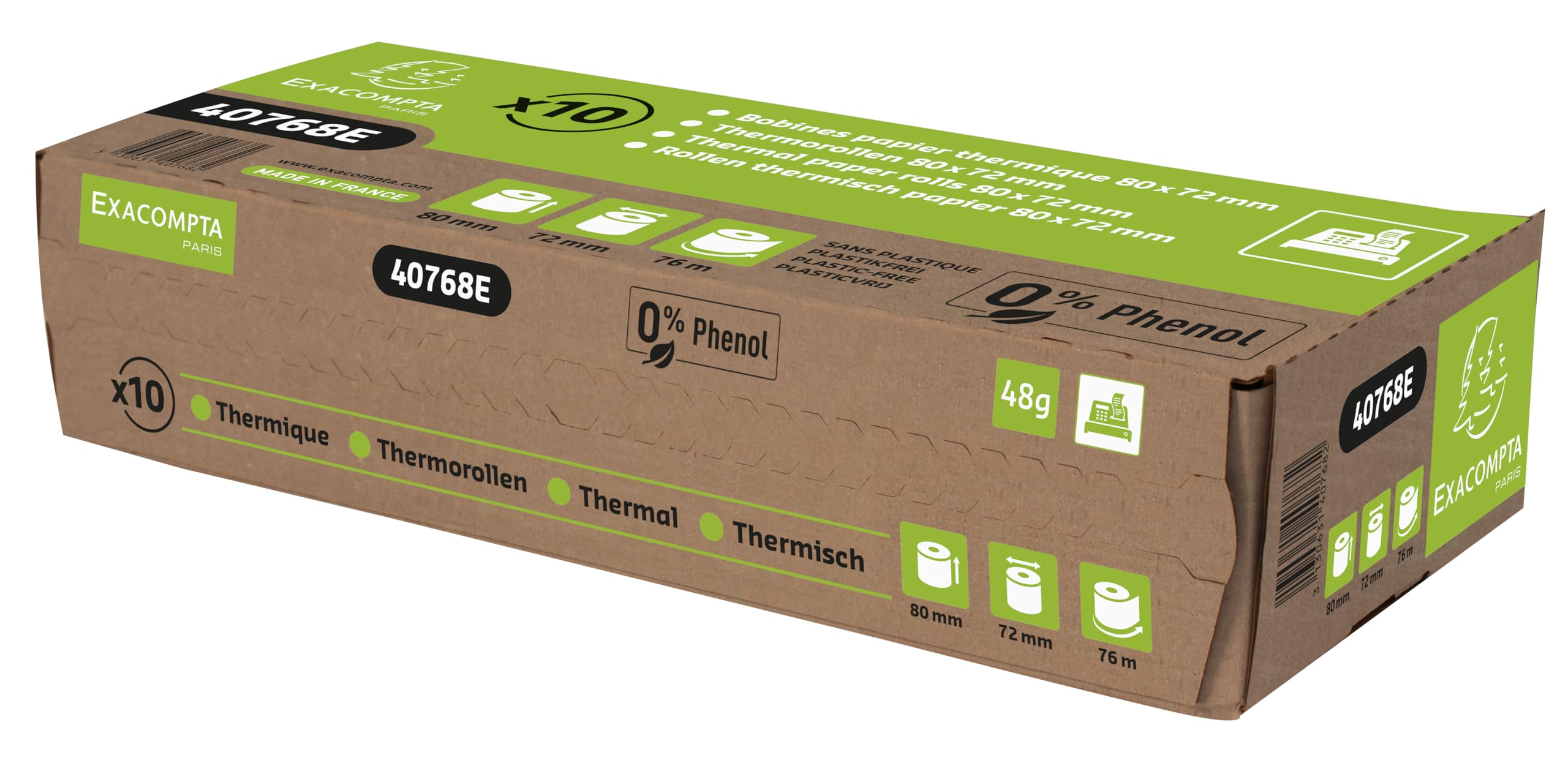 Exacompta - Ref 40768E - Caja de 10 bobinas térmicas para recibos - Ancho 80 mm x diámetro 72 mm, 1 capa térmica 48 g/m² sin fenol, cero residuos de plástico - Medidor +/-2 m: 76 m