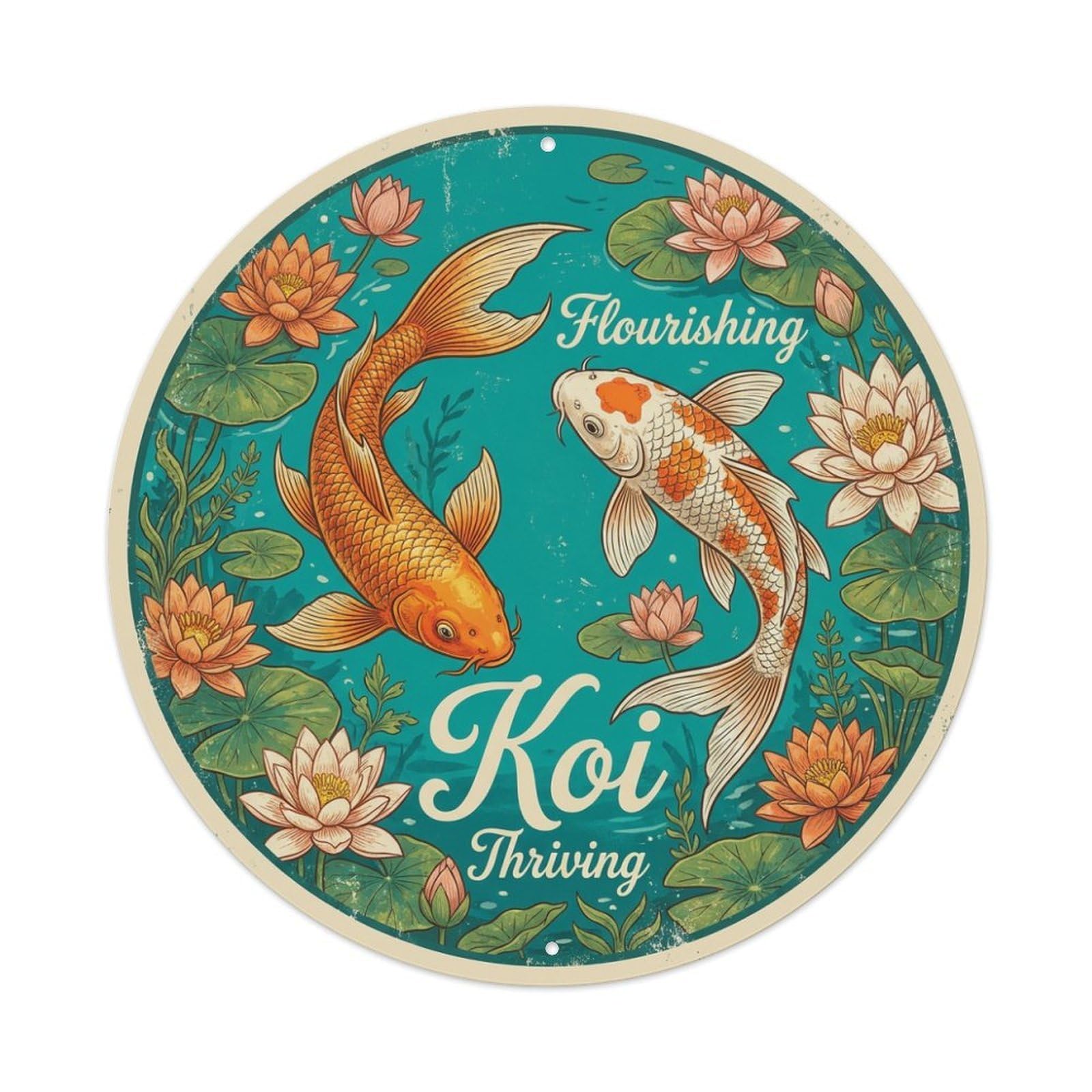 Koi Fish Flourishing Thriving Blooming Waters Prosperous Rich Metal Tin Sign