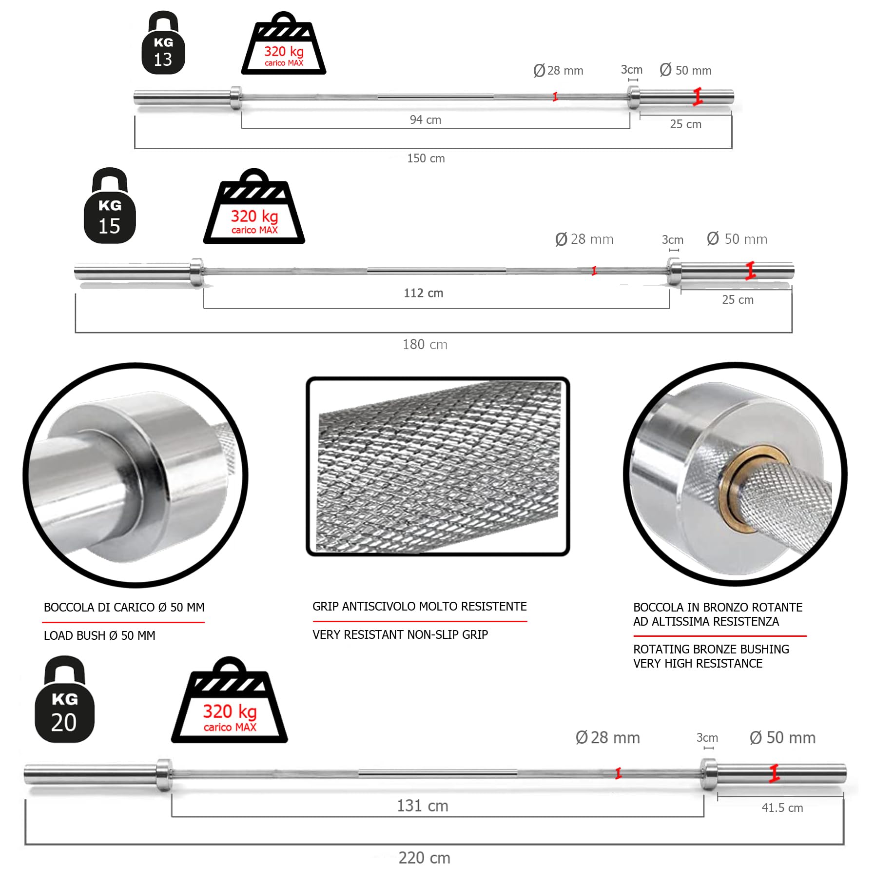 Bilanciere olimpionico da 150/180/220 cm Power Training DIAMETRO 50 mm