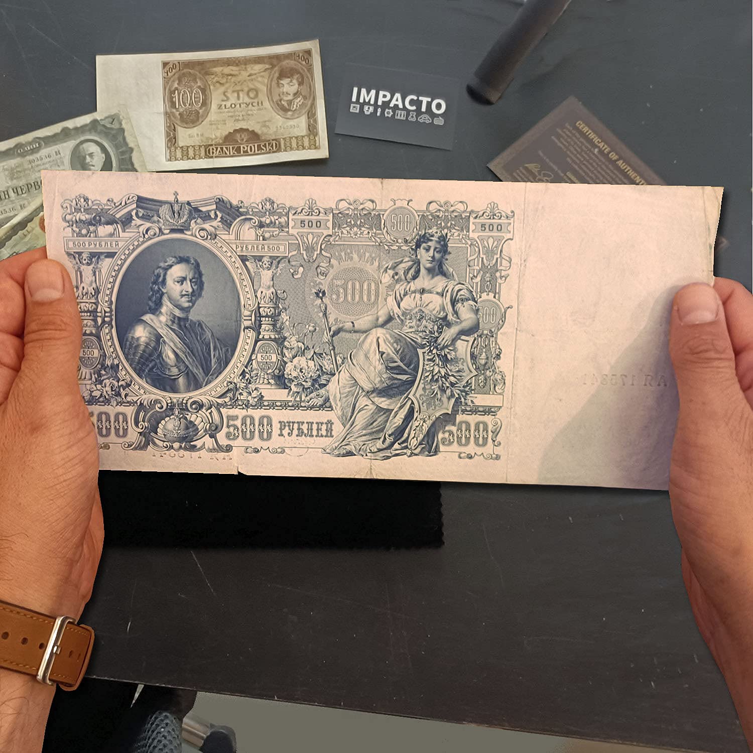 IMPACTO COLECCIONABLES | Billete Antiguo de Rusia - 500 Rublos (1912) | El Billete Más Grande de la Historia Rusa con la Imagen de Pedro el Grande (27,5 x 19 cm) | Incluye Certificado de Autenticidad
