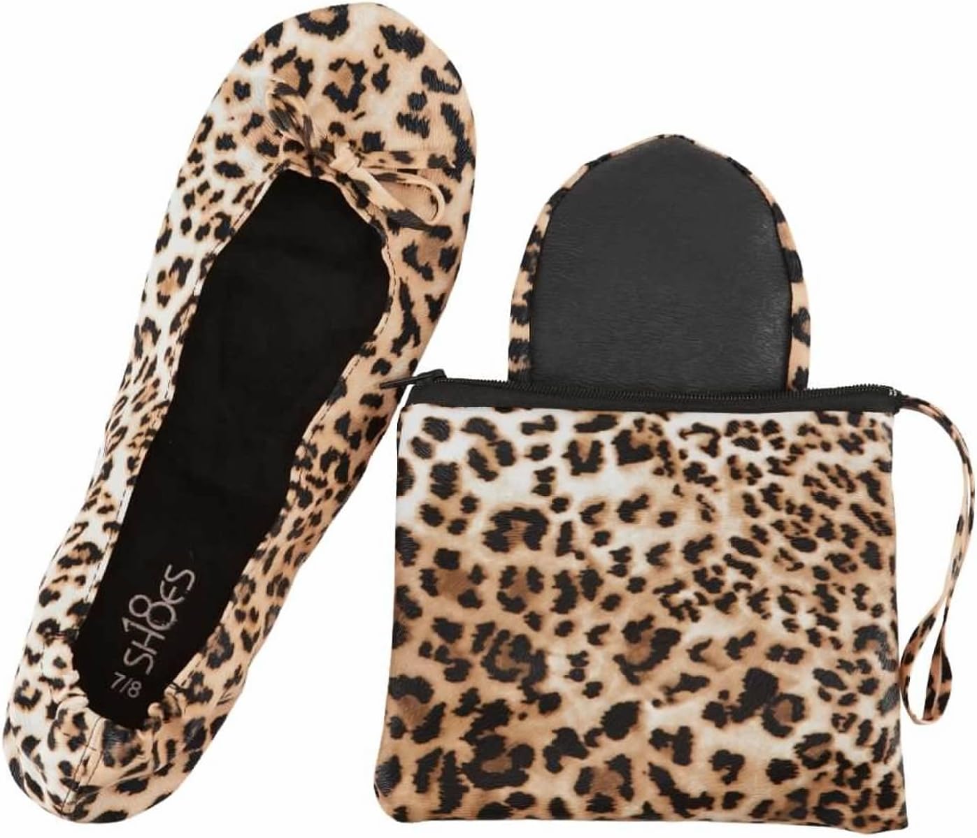 Shoes8teen Women's Foldable Portable Travel Ballet Flat Shoes w/Matching Carrying Case SH-18 Leopard 7/8