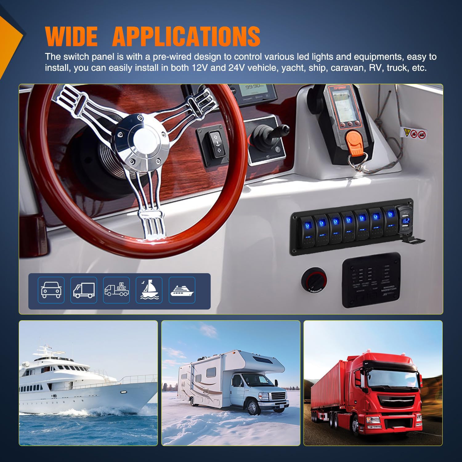 Greluma Pannello interruttori a bilanciere a 7 bande in alluminio con voltmetro e doppia USB (4,2A),ricarica rapida,LED retroilluminato,precablato IP65 impermeabile per nautica,barca,auto,camion(blu)