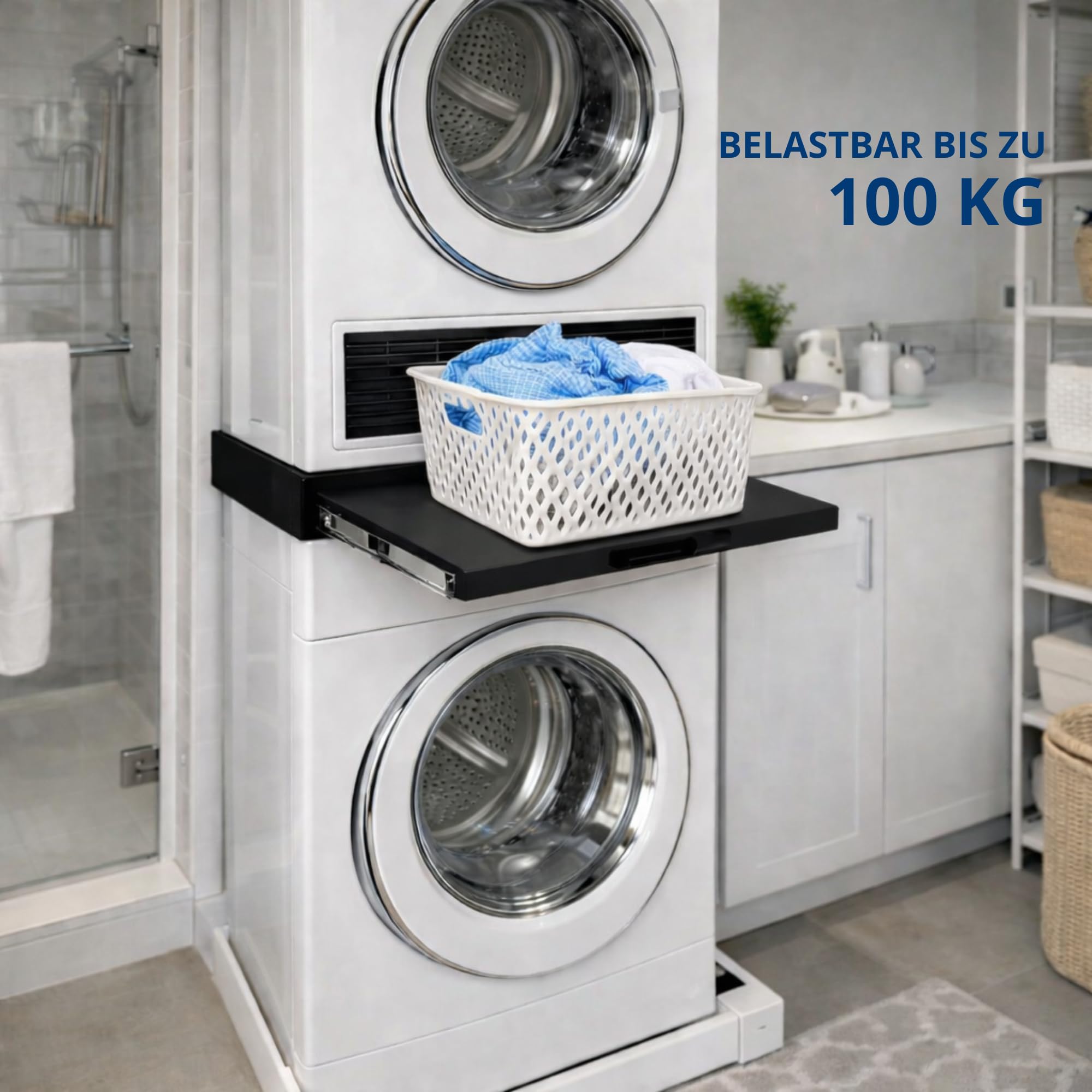 Vonia Verbindungsrahmen Waschmaschine Trockner Universal – Stapelkit mit Ausziehbarem Plateau – Anti-Vibrations-Dämpfer – Für Waschmaschine Trockner