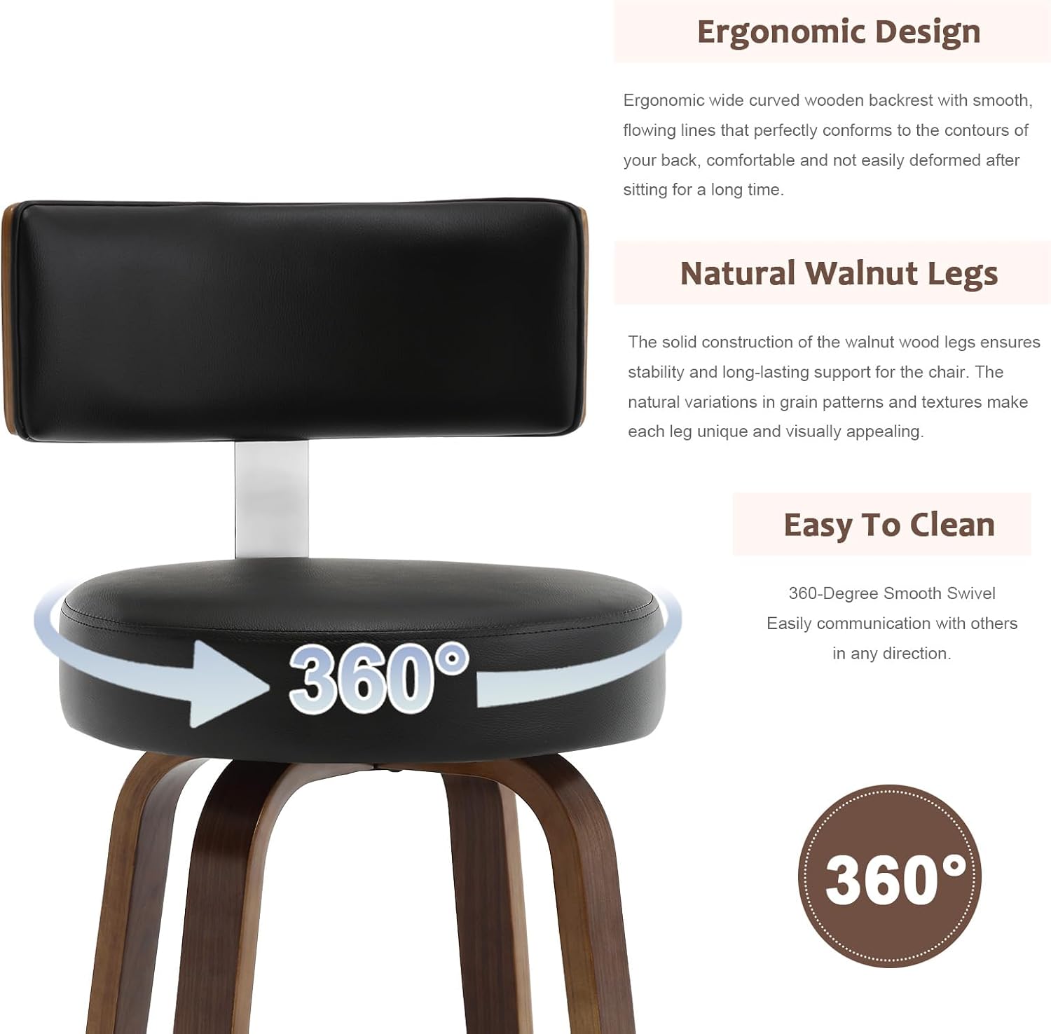 Bar Stools Set of 4, PU Leather 360° Swivel Barstools with Back and Round Seat, Modern 29" Bar Height Upholstered Bar Chairs Island Stools for Kitchen Counter, Walnut Bentwood Legs, Black