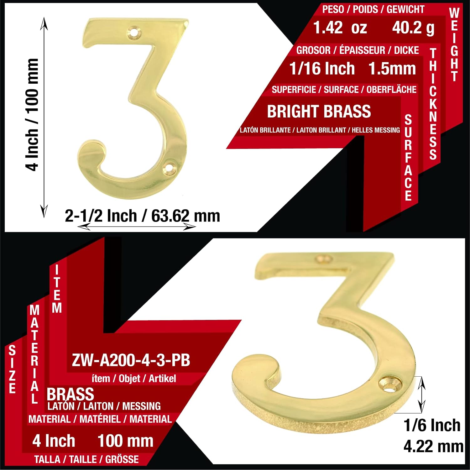 ZW-A200 4 Inch Bright Brass House Number 3/ZhongWang Hardware ZW-A200 Número de casa de latón brillante de 4 pulgadas3 image 2