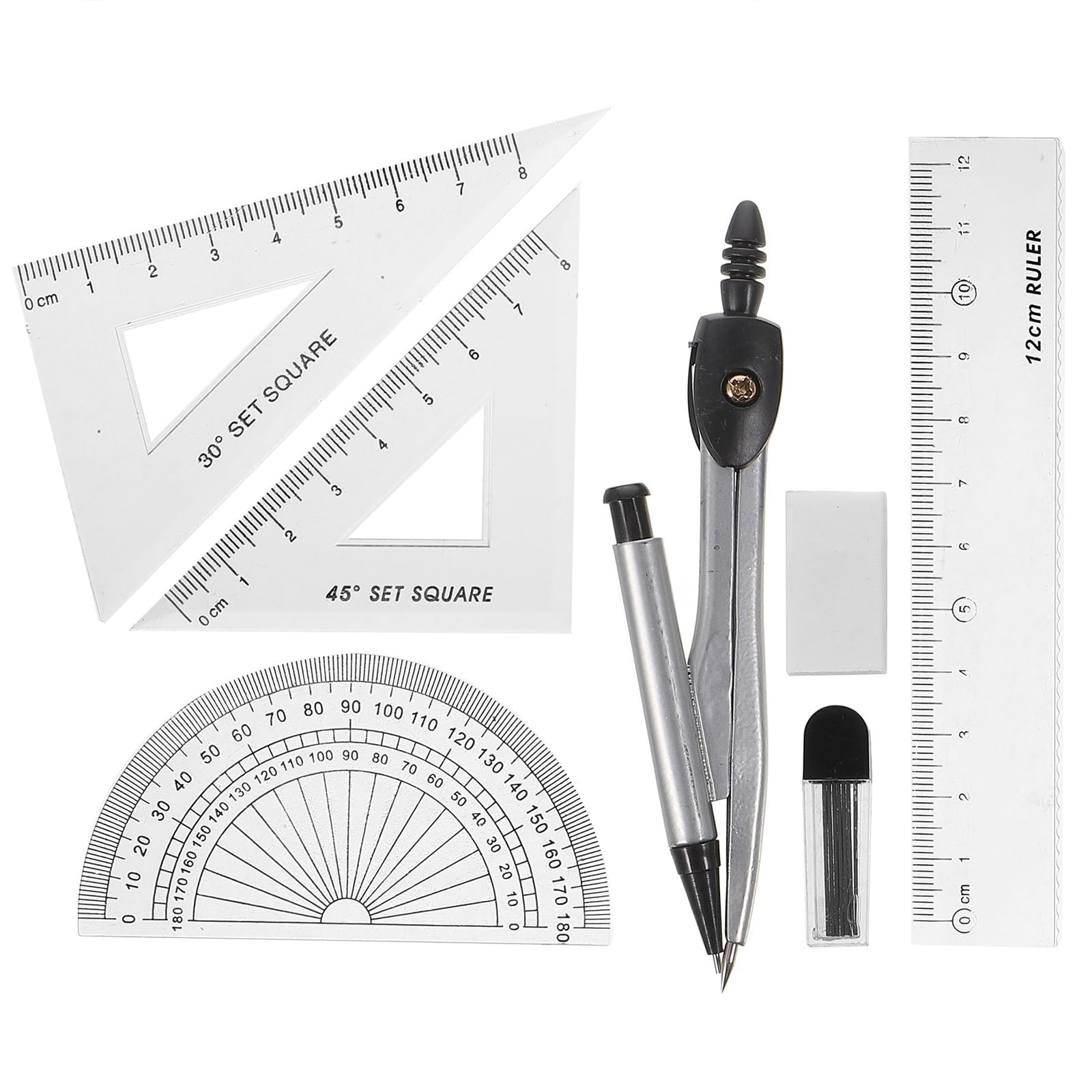 Mathe-Set, Winkelmesser-Set, Zeichenkompass-Geometrie-Set mit Radiergummi, Lineal-Set, durchsichtigem Winkelmesser-Set und mathematischen Zirkeln, Geometrie-Zirkel-Set, Zeichenwerkzeug-Set for Schüler