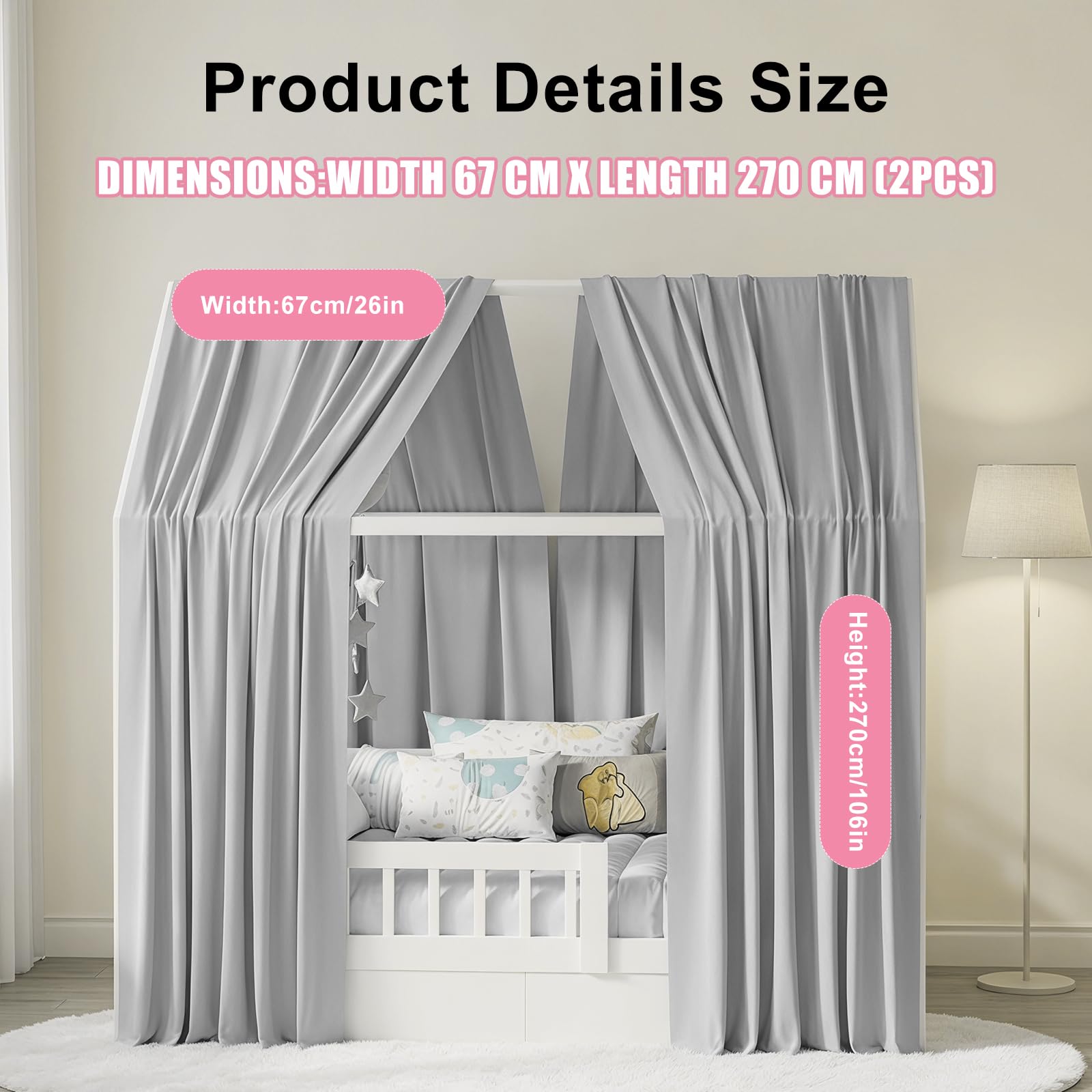Hausbett Himmel, 2 Stück Betthimmel Hausbett, Stoffhimmel für Hausbetten, Hausbett Himmel Deko Set, Betthimmel Hausbett Musselin für Jungen Mädchen Deko für Kinderzimmer, 67 x 270cm (Grau 67 x 270cm)
