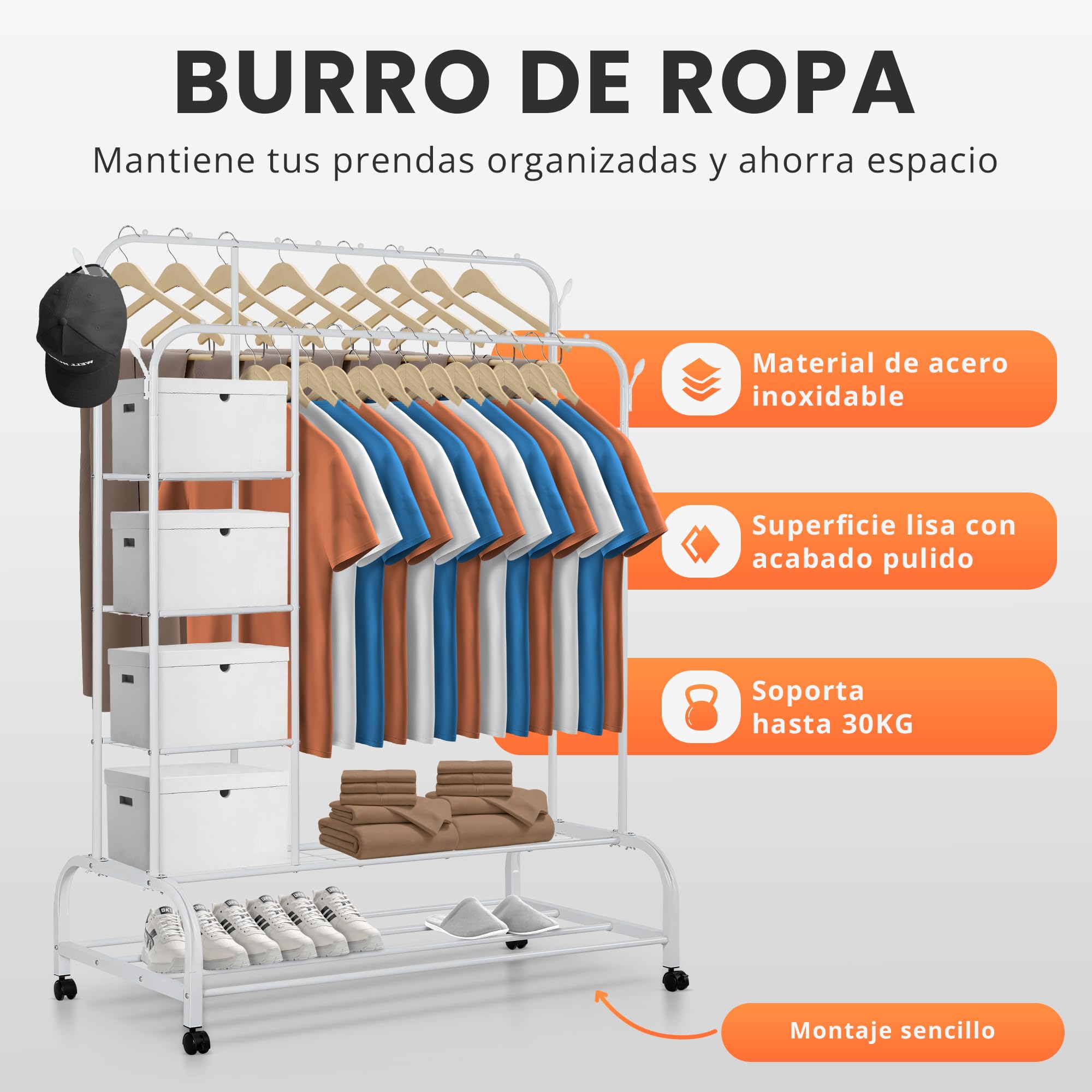 JUPPLIES Burro Ropa Resistente – Perchero Burro Doble con Soporte (Blanco, Con Ruedas y Estantes) — view 3