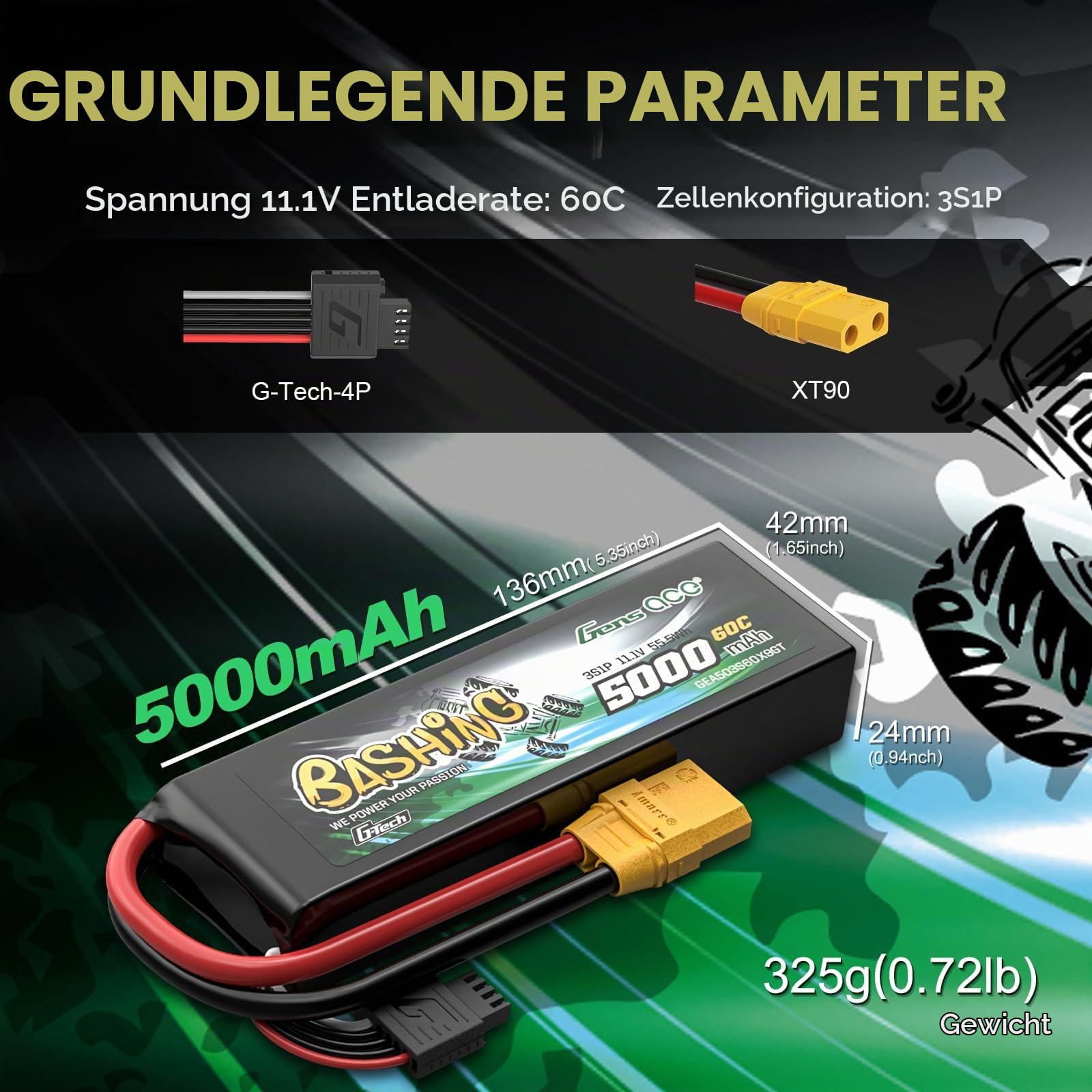 Gens Ace 3S 11,1V 5000mAh 60C LiPo Akku G-Tech mit XT90 Stecker, Bashing Serie für 1:8 & 1:10 RC Autos, Trucks und Offroad-Modelle