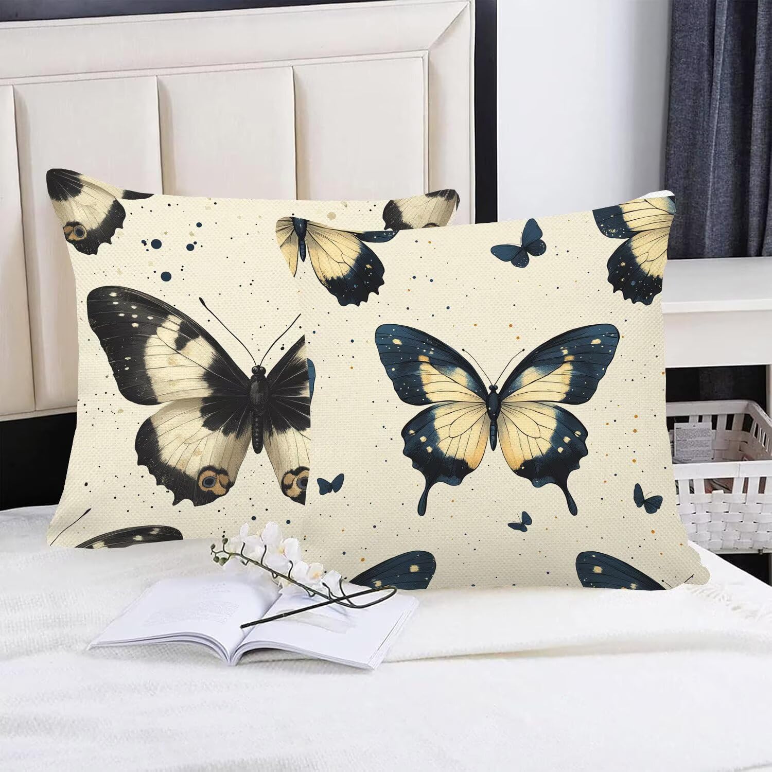 Juego de 4 Fundas Cojines Crema Mariposa 75 x 75 cm Fundas Cojines, Decoración Moderna Cojin Exterior, para Sofá salón Coche Cama Sillas Decoración, Cuadrado Terciopelo Sofá Cojín Exterior m-437