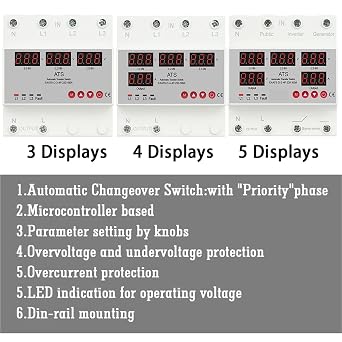 63A 100A 3 Phase 3P+N Over Under Voltage Protector Automatic Transfer Phase Selector Uninterrupted Power Over Current(Four Screen Display,100A)