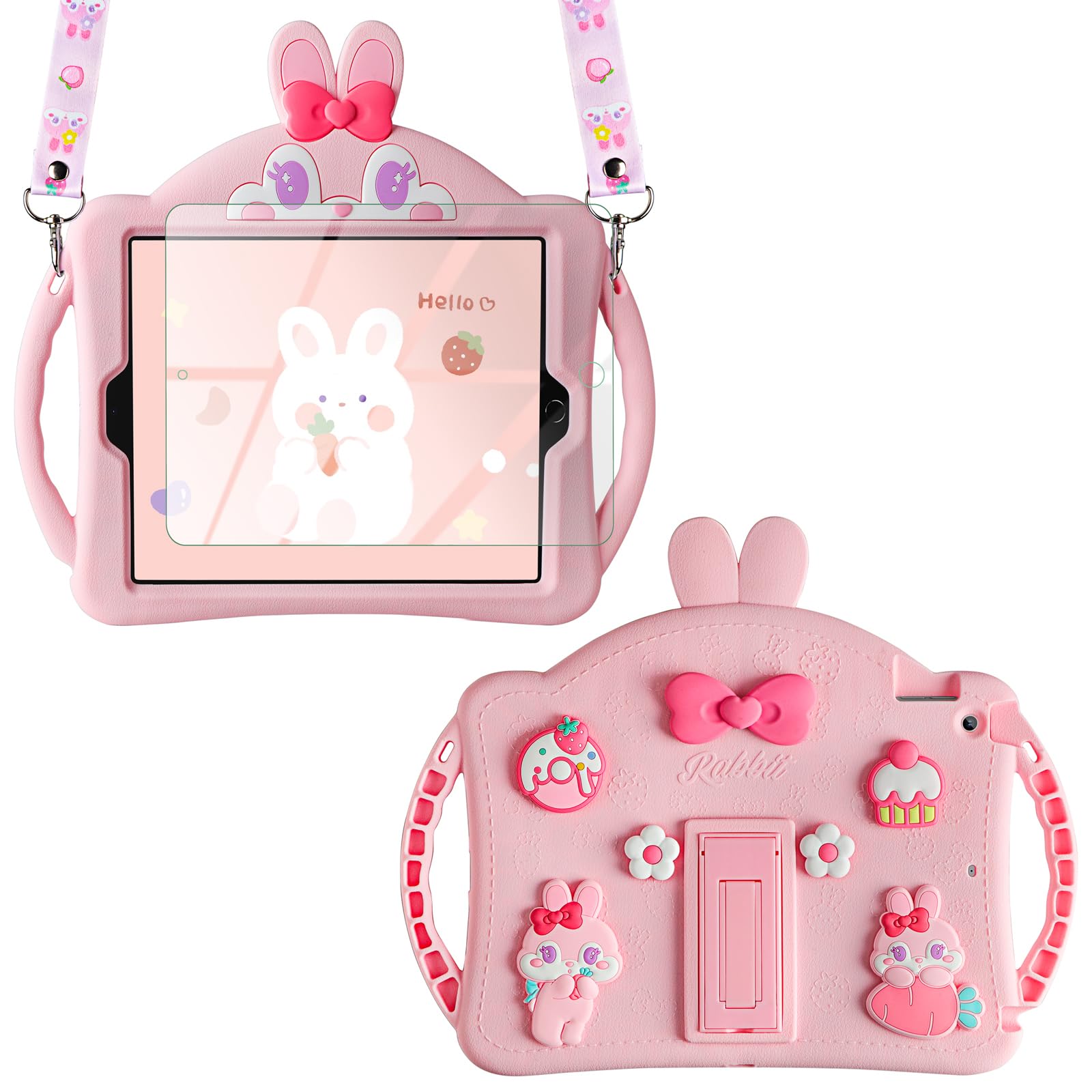 WESADNfor iPad 9th Generation Case iPad 8th 7th Generation Cases 10.2 inch for Kids Girls with Screen Protector Shoulder Strap Kickstand Cute Rabbit Silicone Cover for iPad 10.2 Case Pink