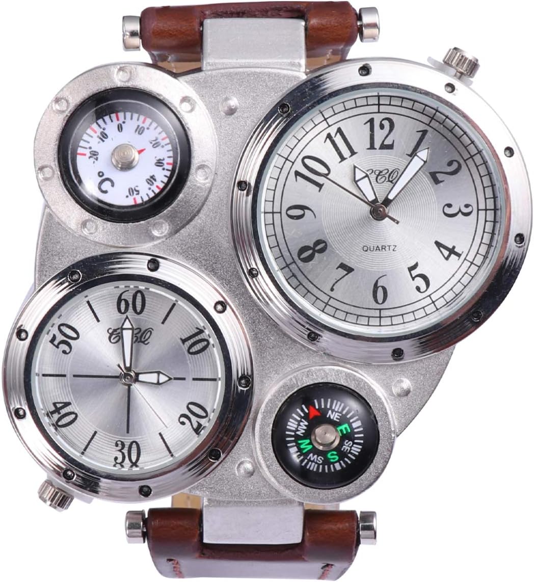 NICERIOMens Big Face Watch - Cool Military Wrist Watch Genuine Leather Strap Dual Time Zone Sport Watch Analog Quartz Display with Thermometer Compass