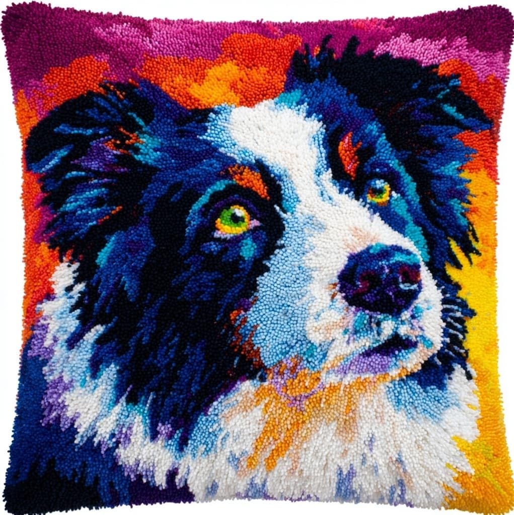 Henypt Latch Hook Pillow Kit 43x43cm,Border Collie Animal Dog