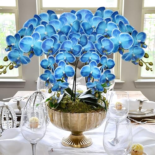 Miniatura 3 de DILATATA 4 unidades de flores de orquídea artificiales con 9 cabezas grandes de flores de orquídea Phalaenopsis de toque real y vívidas, ramas de