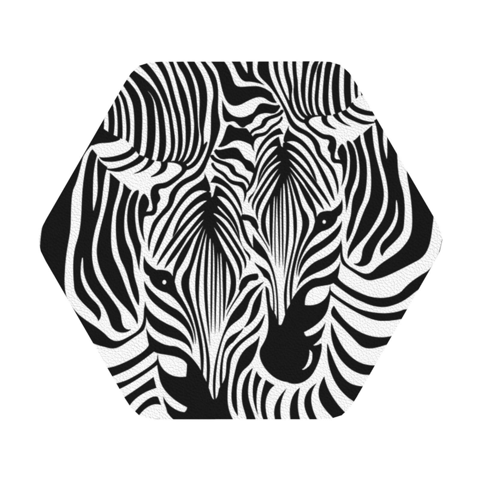 Abstract Animal Zebra PU Leather Coasters Set of 6 Hexagon Drink Coasters