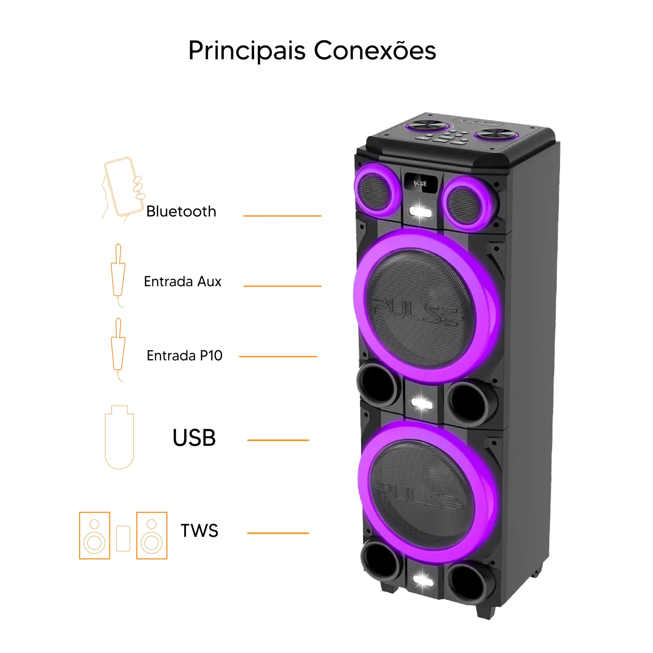 Caixa de Som Torre Pulse SP518 Double 10 TWS Bluetooth-2000W