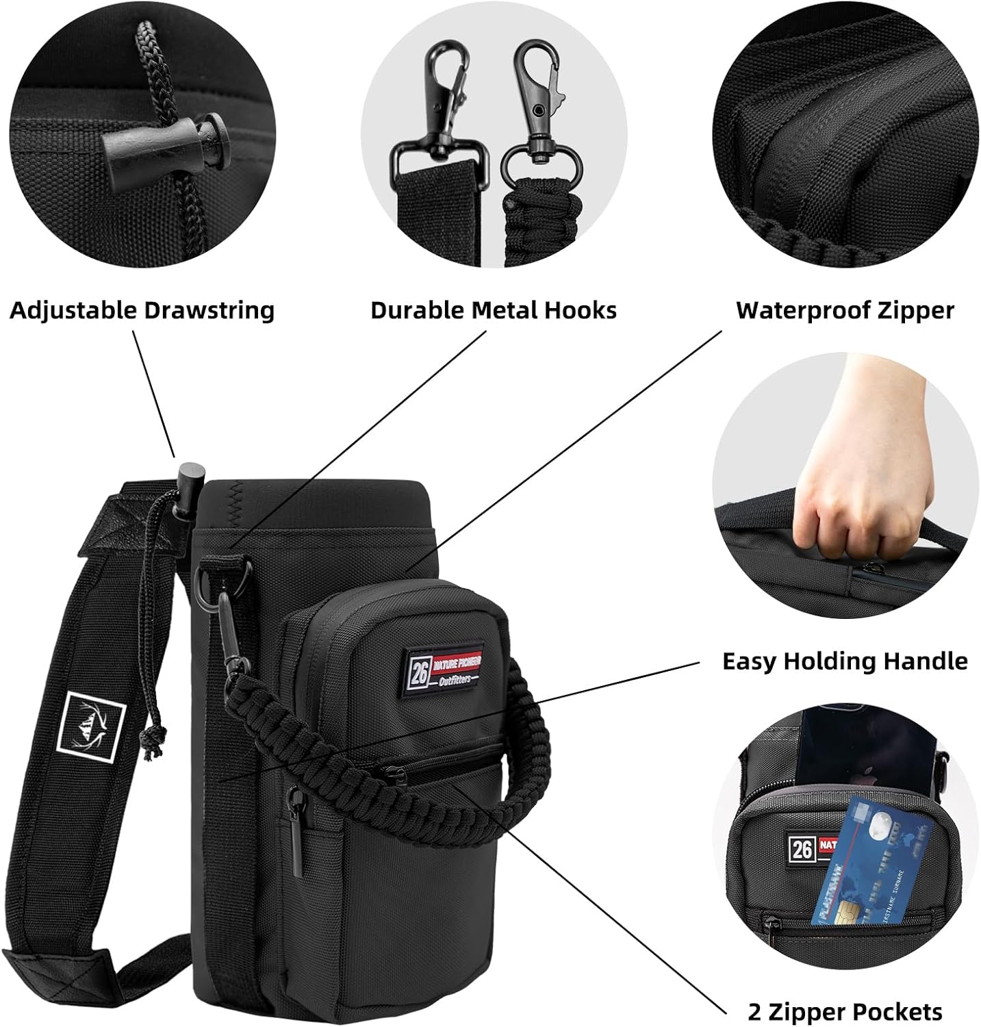 NATURE PIONEOR Water Bottle Holder with Adjustable Strap - 26/32/36/40/46/64oz Insulated Water Bottle Sling Carrier with Paracord Handle & 2 Pockets, Outdoor Sports, Hiking, Camping, Gym - Image 5