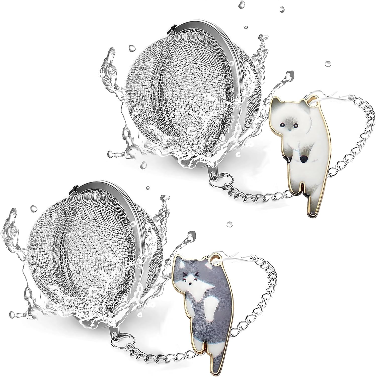 Cat Tea Infuser Set 2PCS, Loose Leaf Tea Strainers with Cute Alloy Charm, Stainless Steel Mesh Steeper for Flower Fruits Spices Herbal Tea and Cold Brew