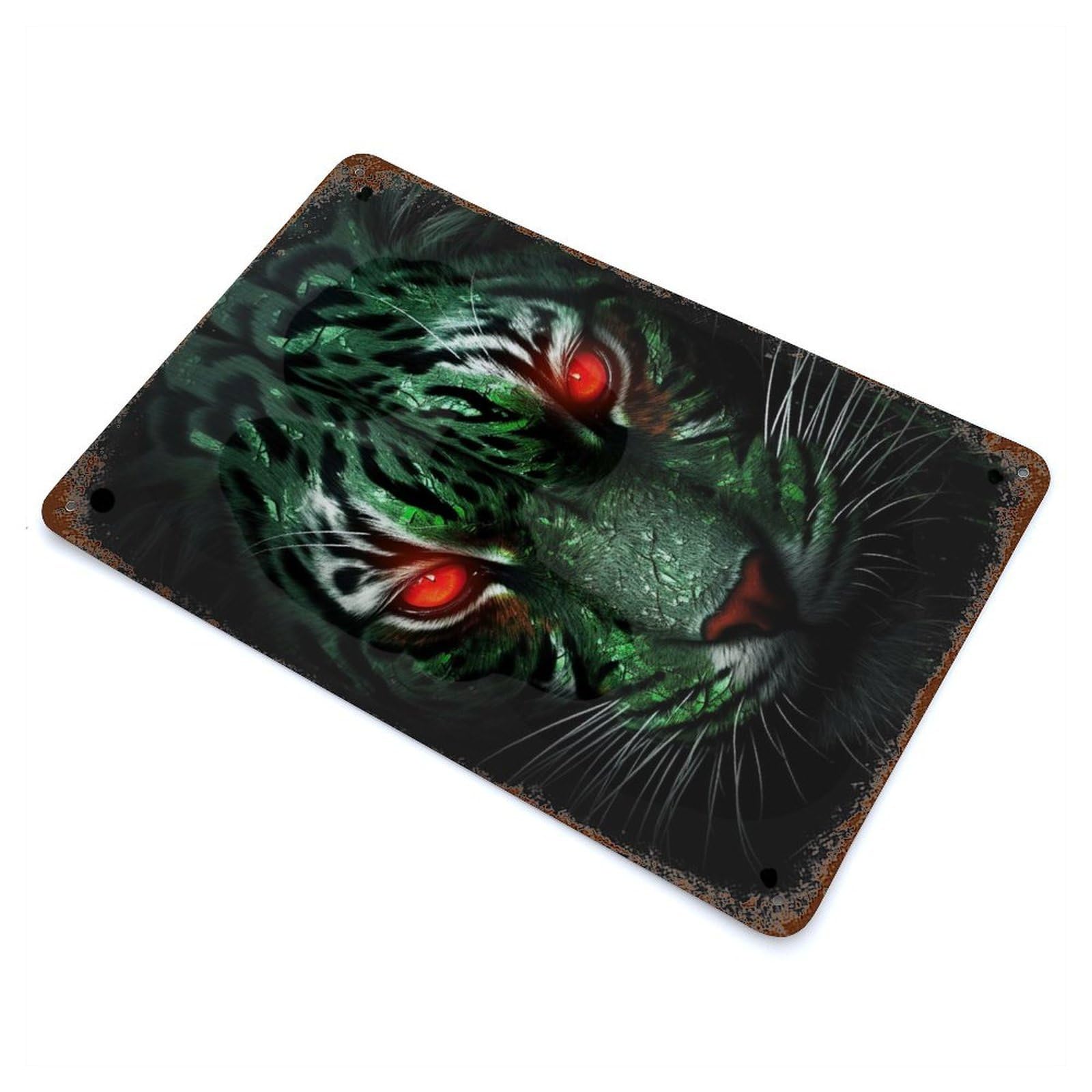 Rust Effect Green Black Tiger Animal Weathered Tin Sign 11.8"x7.9", Novelty Wall Decor for Office, Studio And Wall Decor