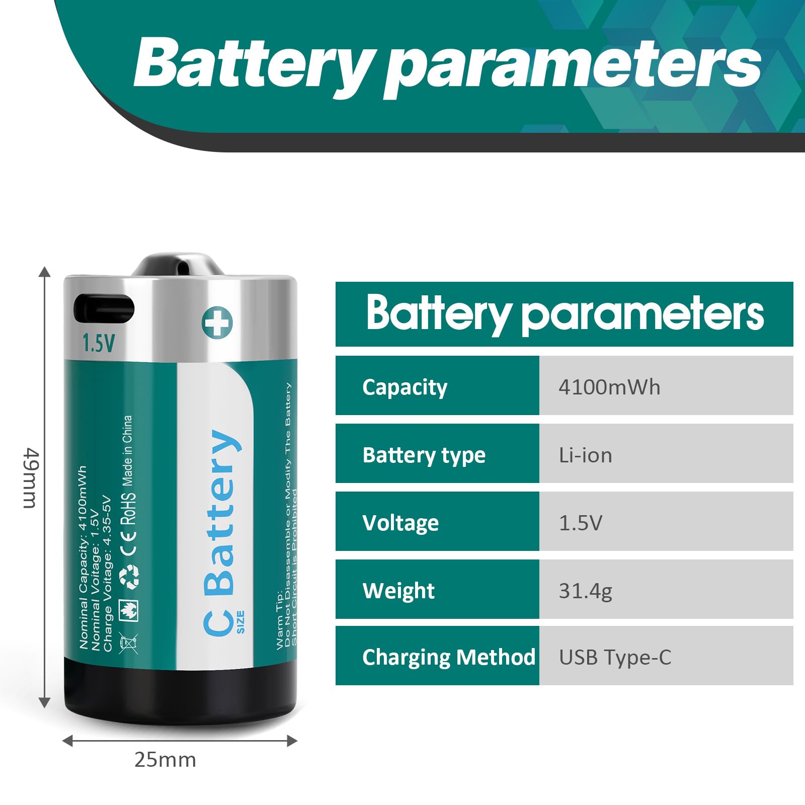 Fitinoch 4 Pack Rechargeable Lithium C Cell Batteries 4100mWh, Long-Lasting 1.5V C Size Battery with USB Charging Cable