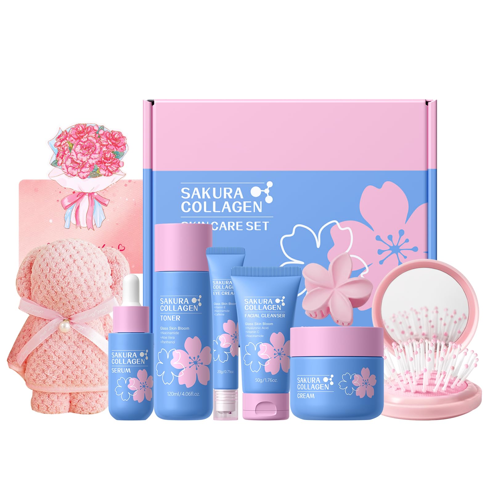 BeauBase Kit de Rutina de Cuidado de la Piel para Mujer, Niñas y Adolescentes con Limpiador 50g, Tónico 120ml, Sérum 30ml, Crema de Ojos, 20g Crema Facial 50g, Caja de Regalo y Accesorios Piel Suave Hidratada