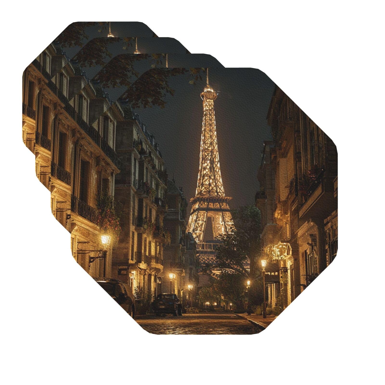 Drink Coasters Set of 4 Quick-Dry Leather Coaster Night Paris Eiffel Tower Coasters for Drinks Coffee Cup Mat Tabletop Protection Heat Resistant Coaster for Kitchen Bar Office Home Decor