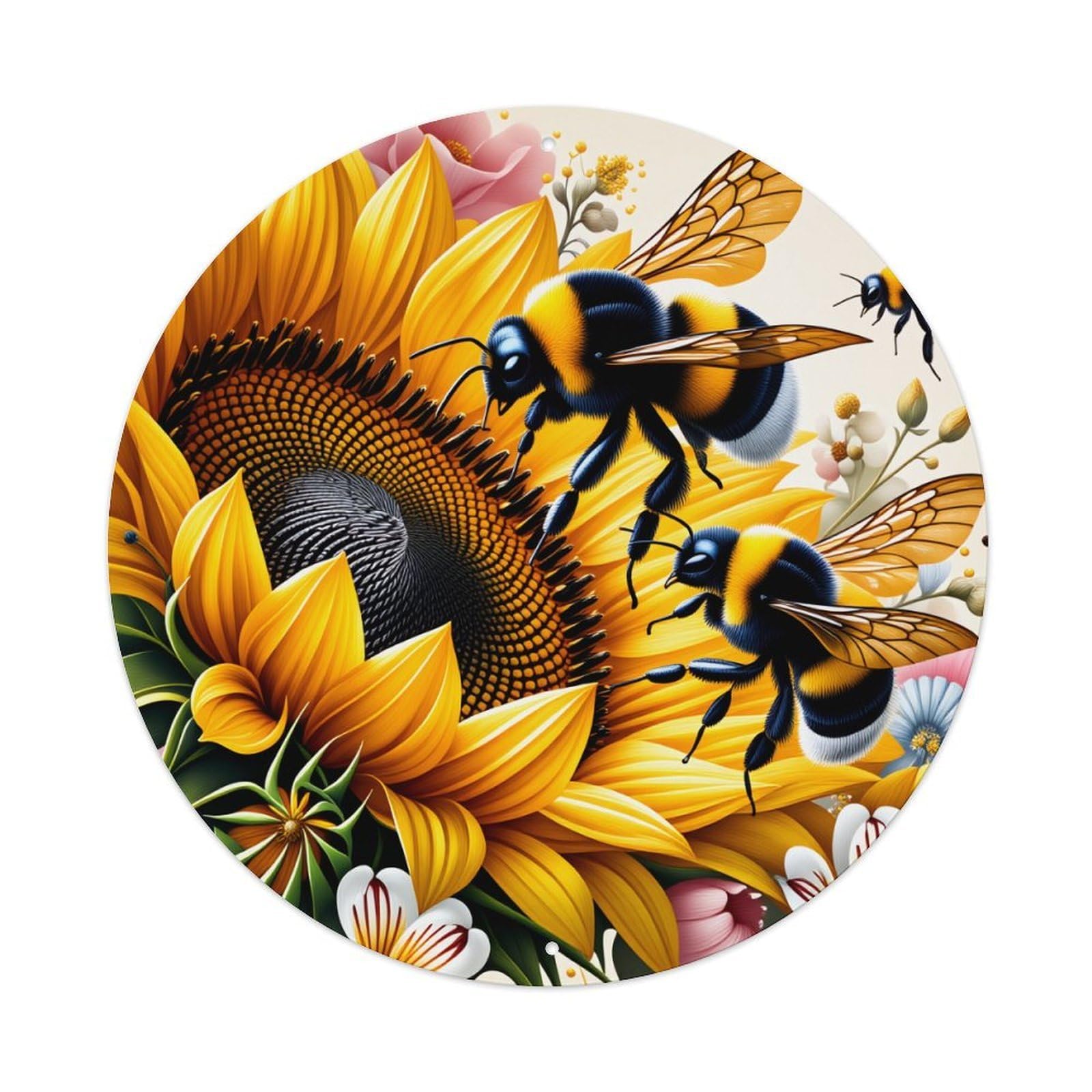 Sunflower Bee Floral Pattern Art Vintage Metal Tin Sign Retro Wall Decor for Home Bar Garage Cafe, Indoor & Outdoor Decorative，circle Metal Poster, 8x8 Inch