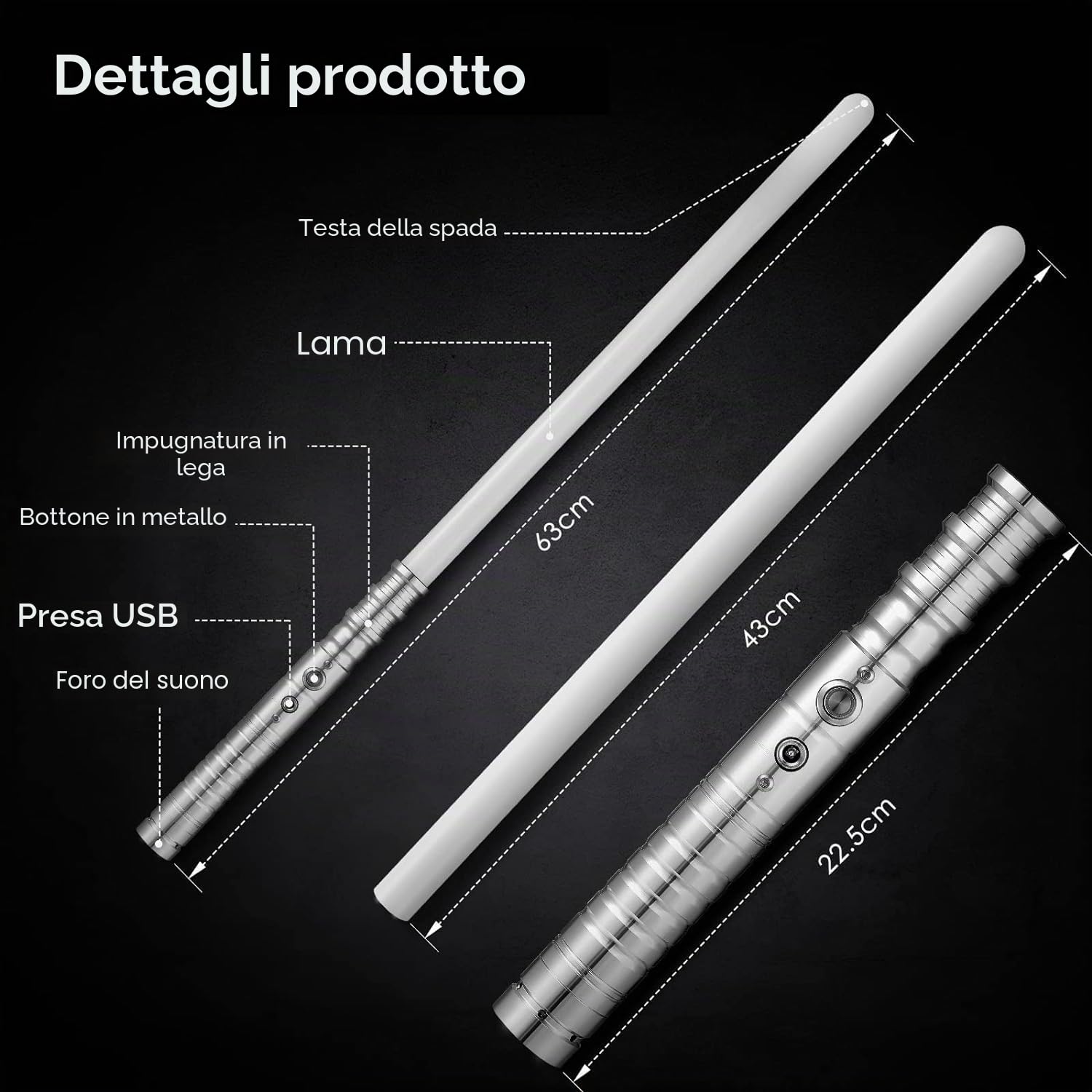 Spada Laser, 12 modalità RGB, Giocattolo Spada Laser a 15 Colori Ricaricabile con LED avanzati ed Effetti sonori (Argento)