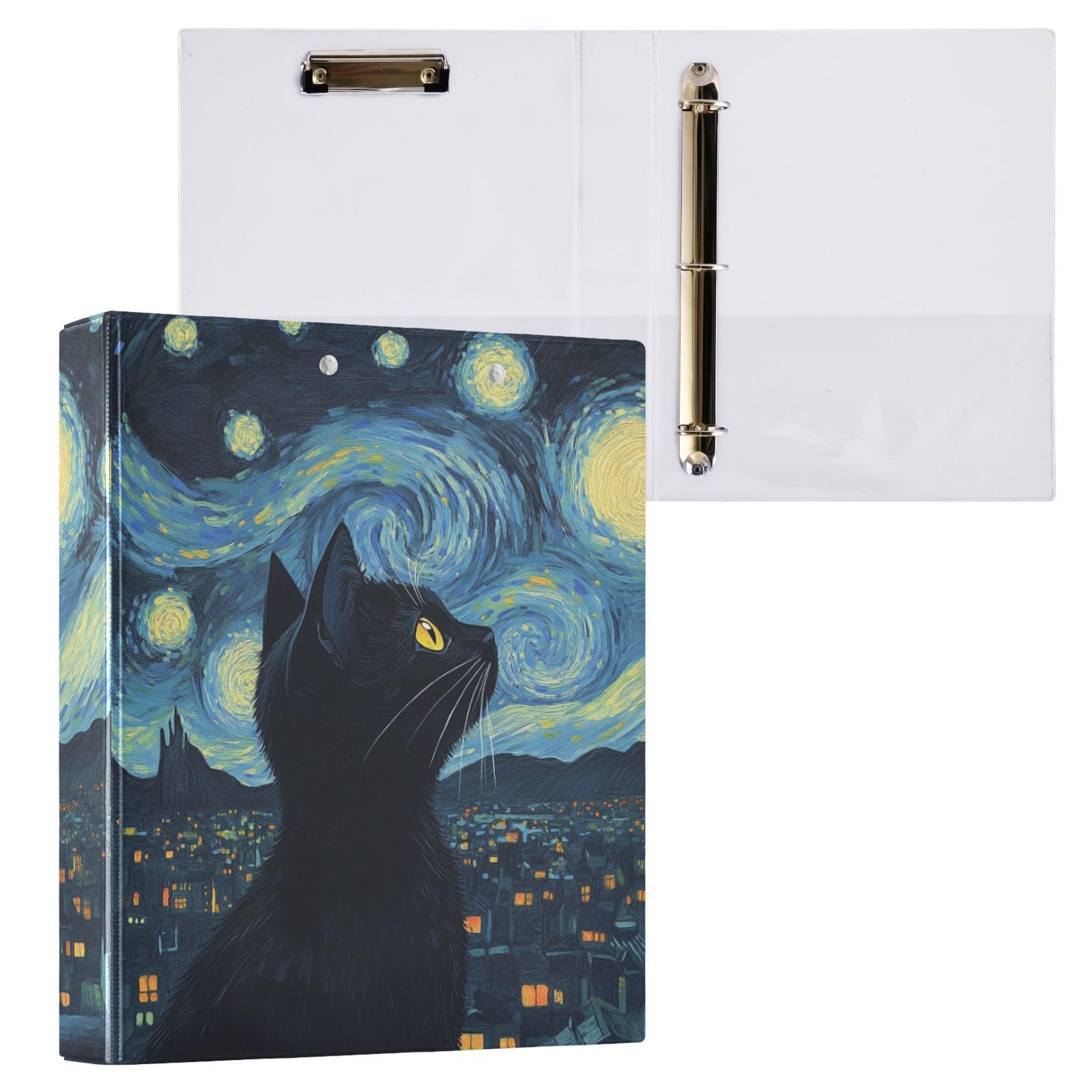 Vuiyean Starry Night Art Black Cat Binder 3 Ring 1.5 Inch Binder with Clipboard&Pockets, Hardcover Binders Heavy Duty Large File Folder for Office School Supplies - Holds 200 Sheets