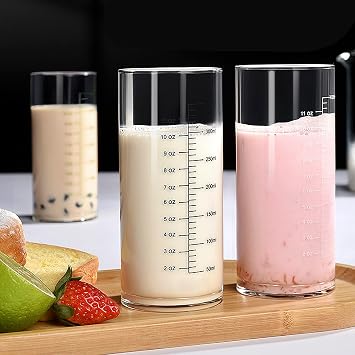 350ML Glass Measuring Cup with Double Scale Cold & Heat Resistant Borosilicate Graduated Glass Clear Drinking Cup Thick Bottom Teacup Water Milk Juice Coffee Mug, Microwave Oven Safety
