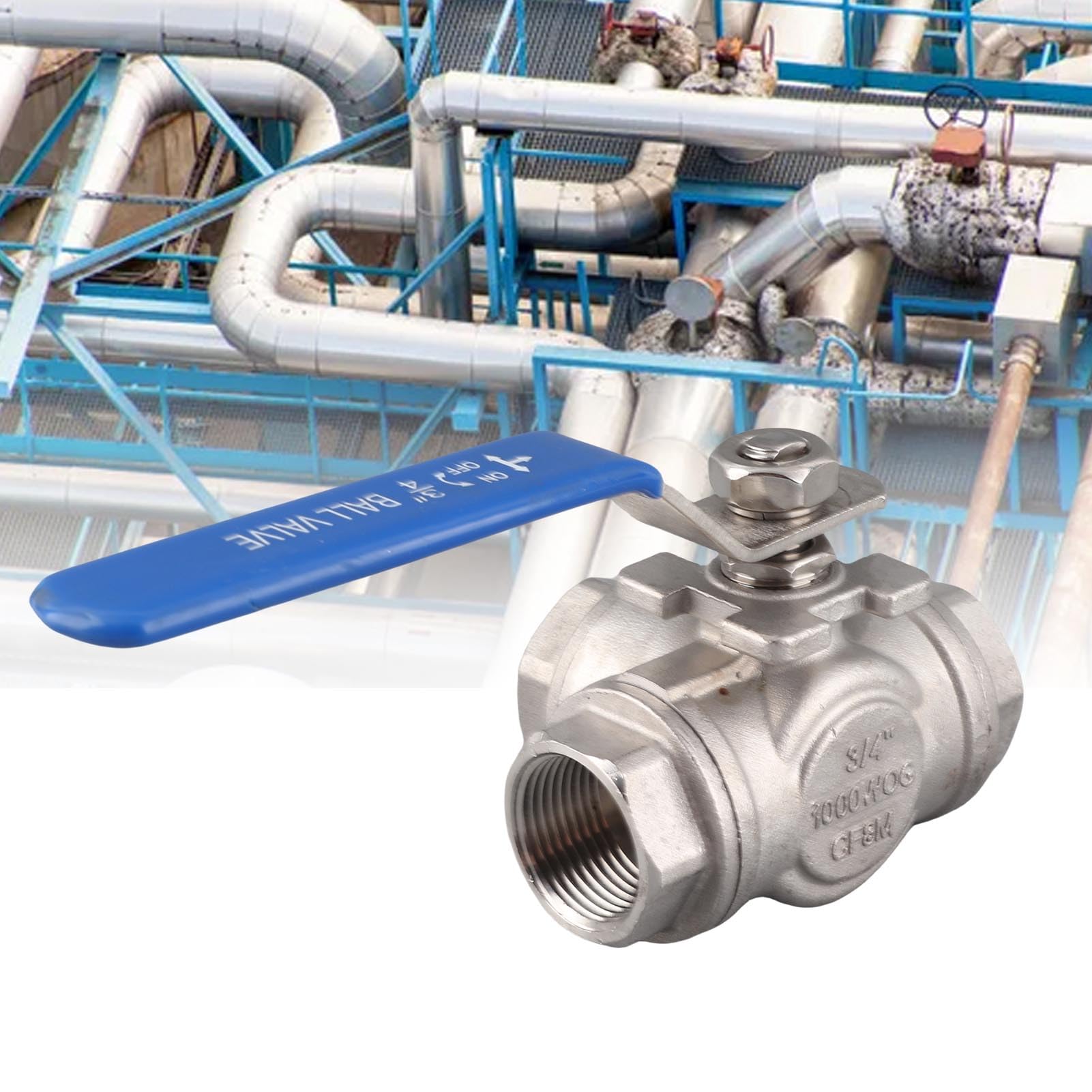 Válvula de Bola DN20 de 3/4" con Rosca Hembra, de Acero Inoxidable, de 3 vías, Tipo T, de Paso Total, para regulación de fluidos (Agua, Aceite, Vapor) y Control.
