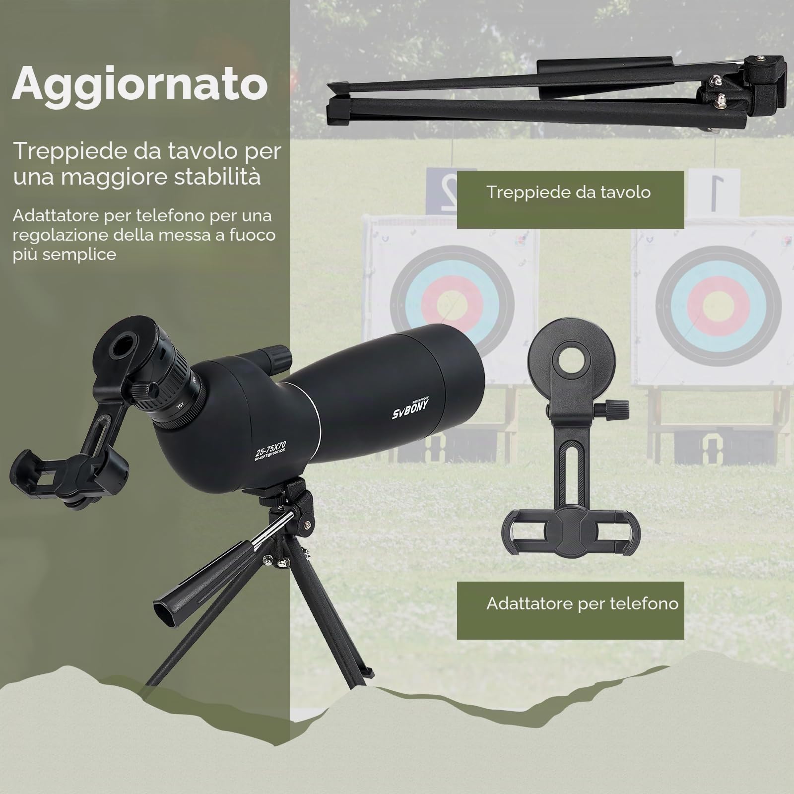 Svbony SV28PLUS Cannocchiale con Treppiedi Smartphone Adapter, 25-75x70mm con A5 Rosso Bordeaux FMC BAK4 IP65, Telescopi Spotting Scope per Adulti tiro a segno Tiro con l'arco Birdwatching