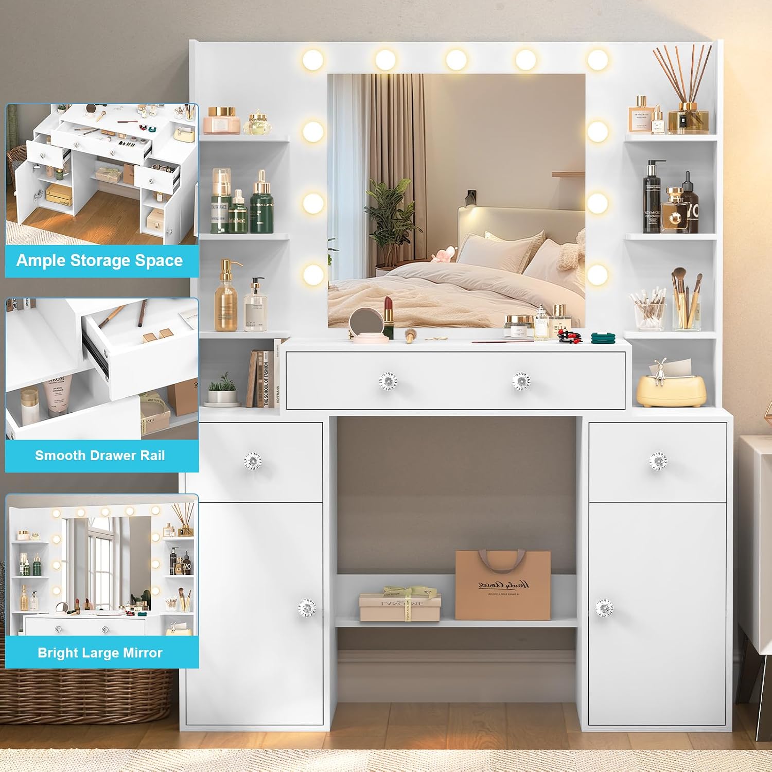 White Vanity Desk with Lights,Makeup Vanity with LED Mirror with 3 Drawers 8 Shelves 2 Cabinet,3 Modes Light Adjustable for Bedroom,43.3" L*15.8" W*55.2" H.