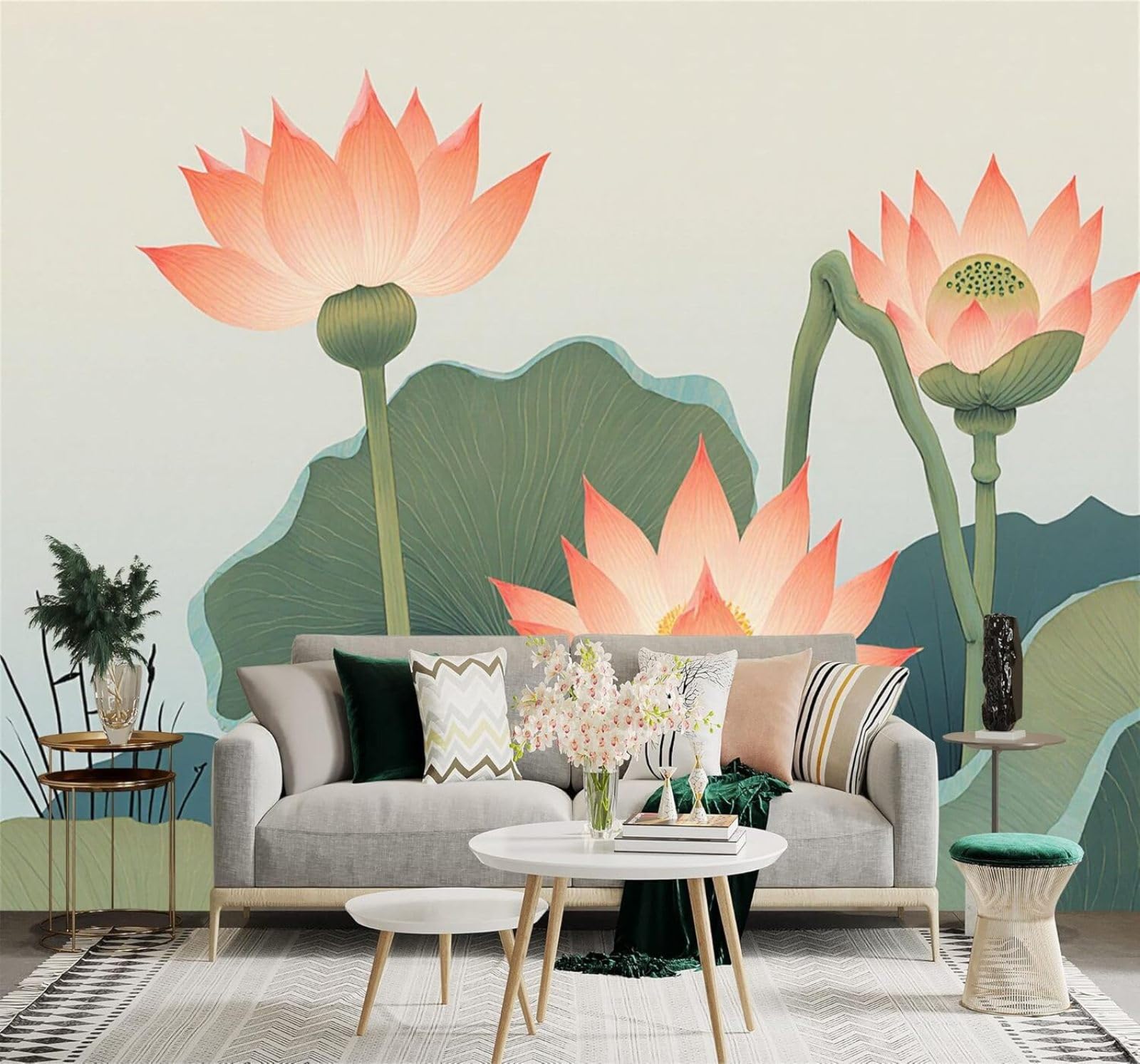 XLMING Fresh Minimalist Pink Lotus Flowers and Leaves 3D Wallpaper Silky Texture Home Study Office Grey Dining Room Sofa Bedroom Living Room TV Backdrop-250cm×170cm