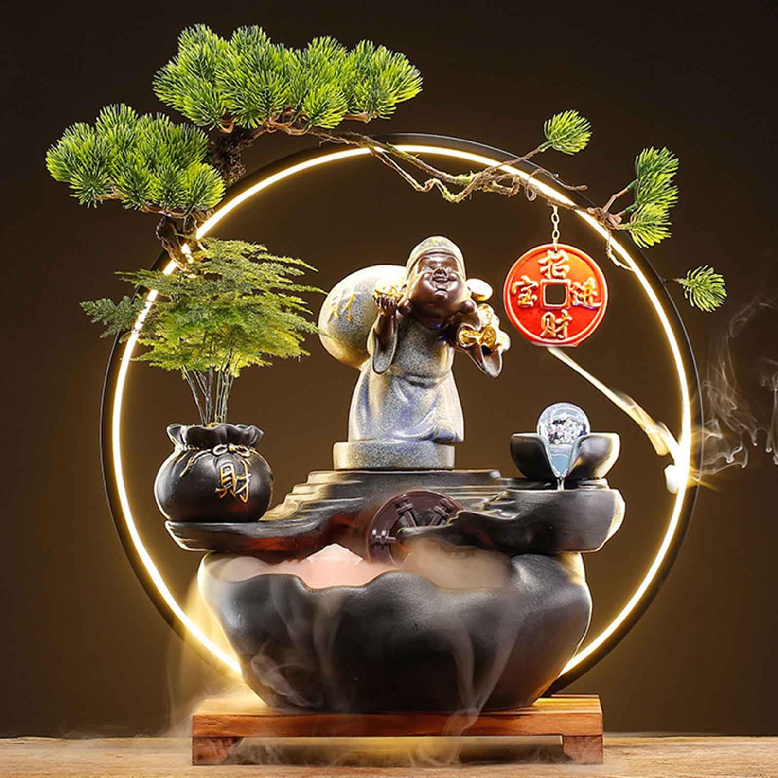desktop fountain, Adjustable LED Light Ring and Backflow Incense Burner Holder, for Home and Office Decoration(F)