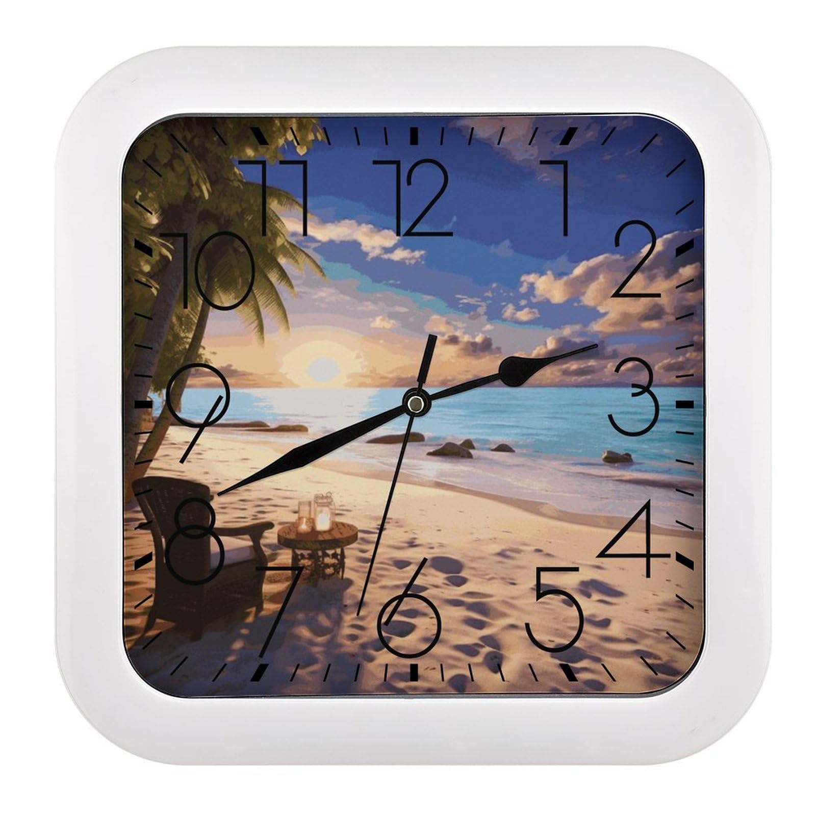 Horloge murale carrée silencieuse à mécanisme fluide motif plage