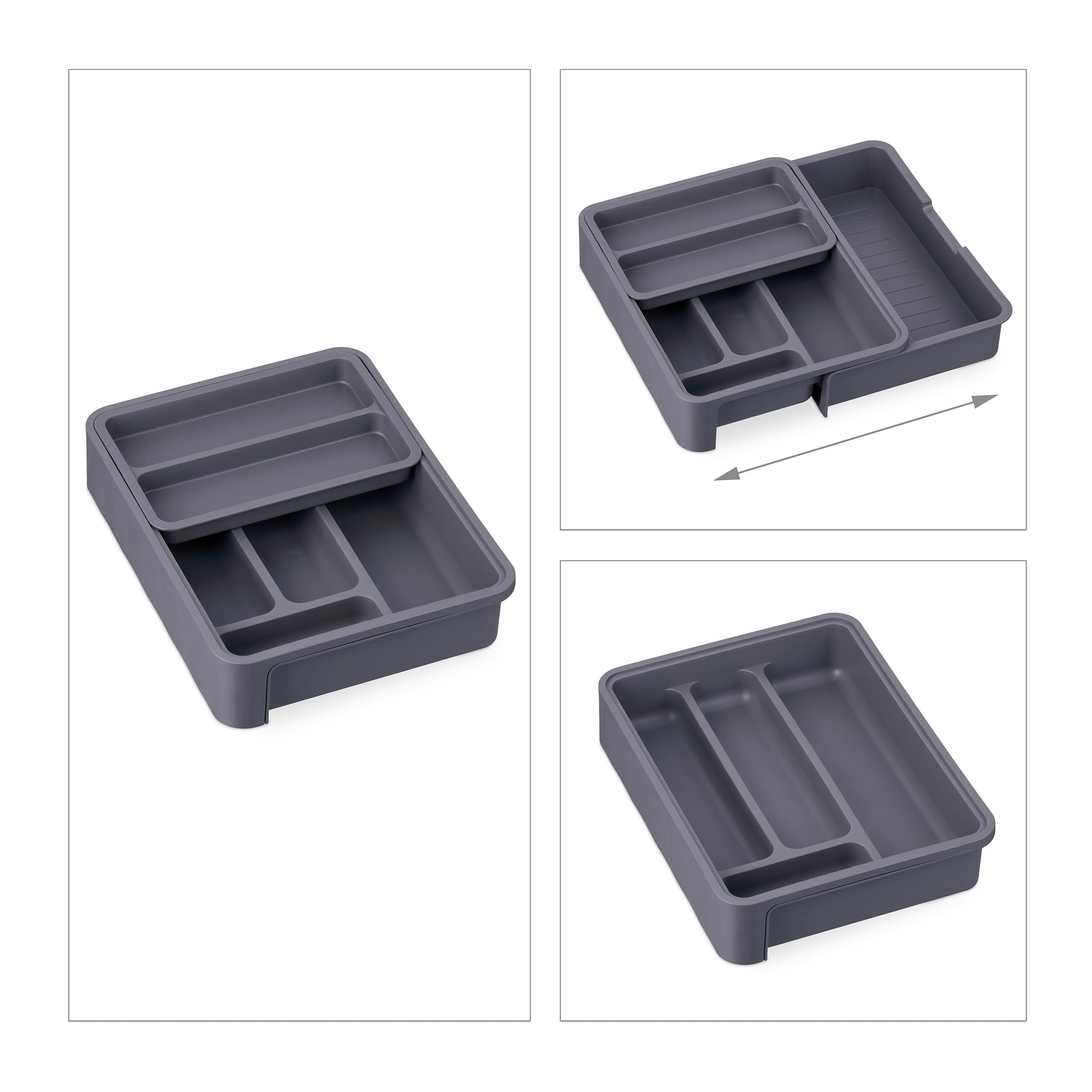 Relaxdays Portaposate da Cassetto Allungabile, HLP 6,5 x 23,5-40 x 31,5 cm 7 Scomparti Divisore per Posate, Grigio Scuro