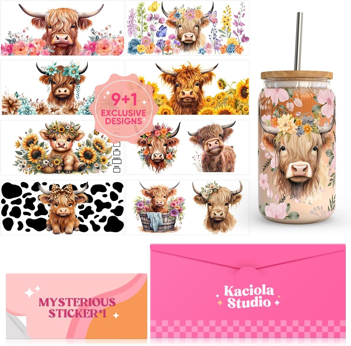 Kaciola 10 Sheets UV DTF Cup Wraps for 16 oz- Highland Cow Theme UV DTF Stickers, 1 Sheet Mysterious Pattern Transfer, Rub on Transfers Stickers for 16 oz Libbey Glasses Crafting