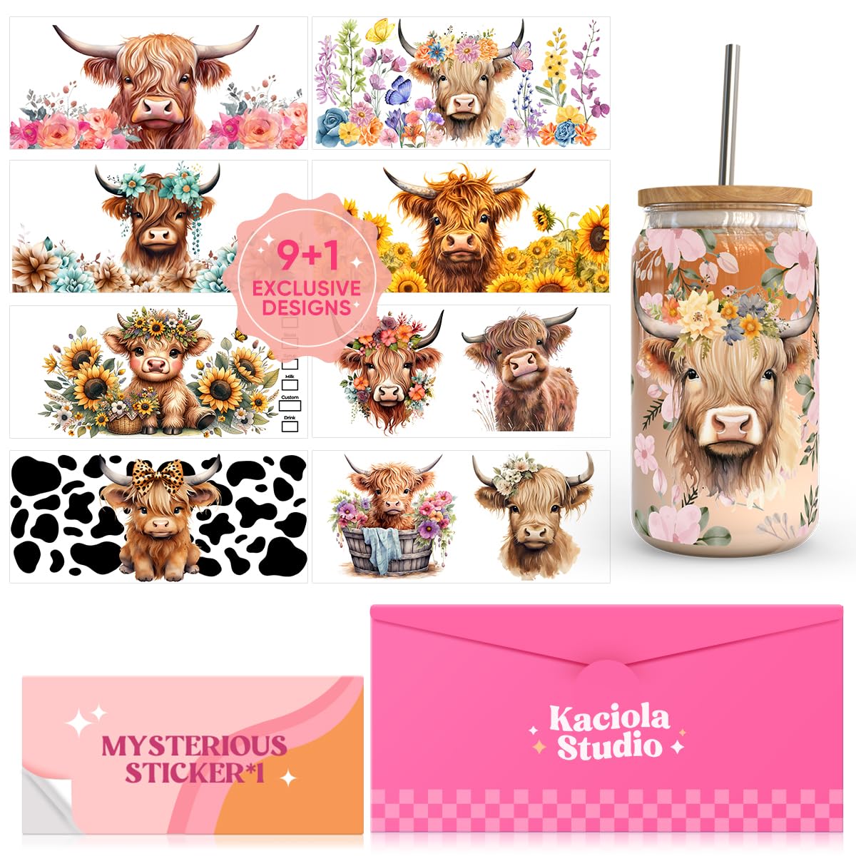 Kaciola 9 Sheets UV DTF Cup Wraps for 16 oz- Highland Cow Theme UV DTF Stickers, 1 Sheet Mysterious Pattern Transfer, Rub on Transfers Stickers for 16 oz Libbey Glasses Crafting